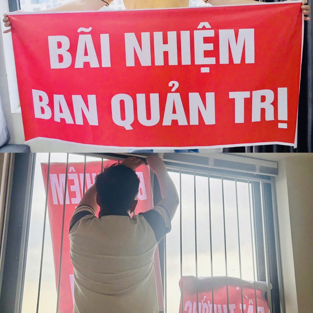 Cư d&acirc;n Bcons Garden ti&ecirc;p tục treo băng r&ocirc;n đỏ y&ecirc;u cầu b&atilde;i nhiệm ban quản trị. Ảnh: người d&acirc;n cung cấp.