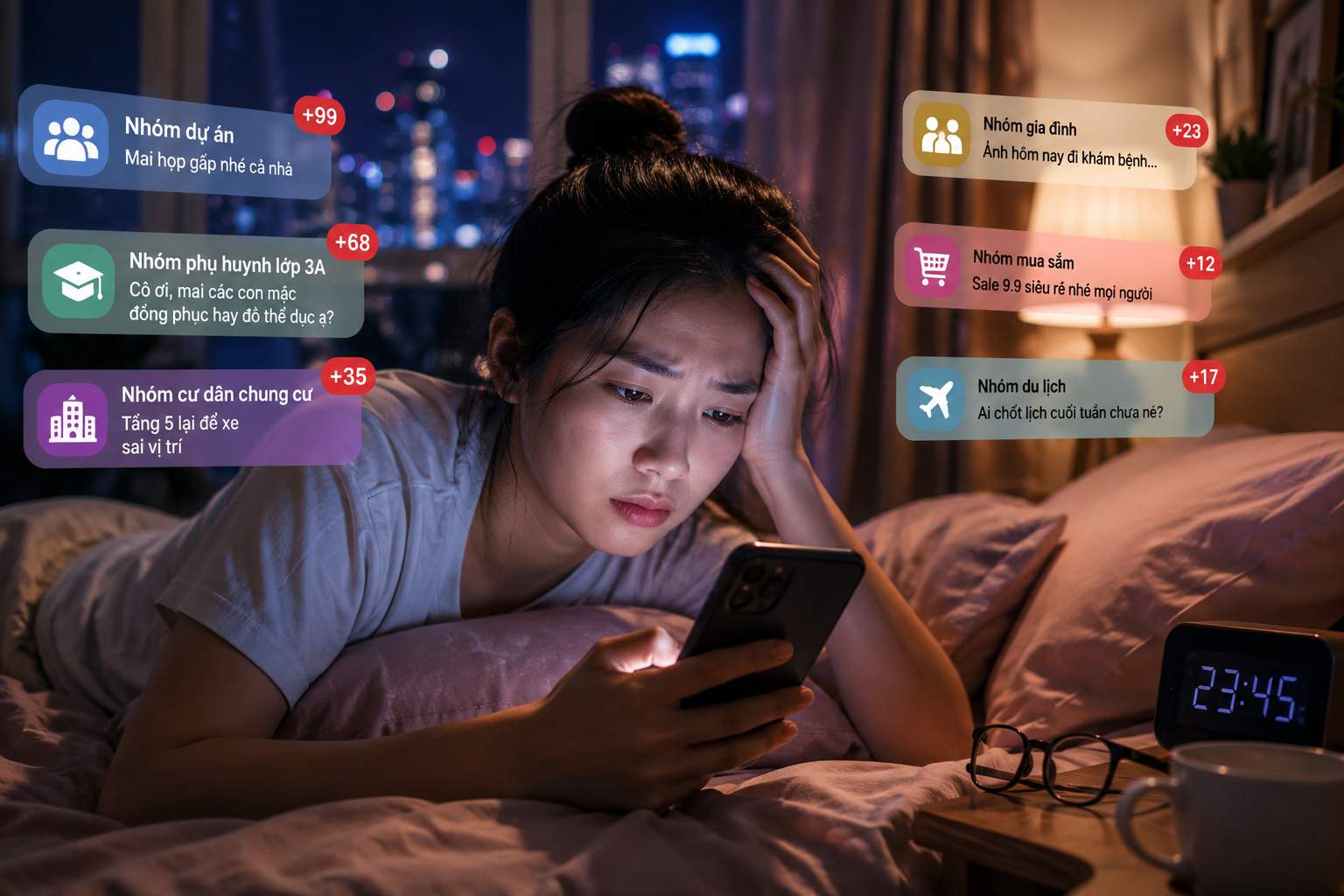Những th&ocirc;ng b&aacute;o li&ecirc;n tục từ c&aacute;c nh&oacute;m chat c&ocirc;ng việc, gia đ&igrave;nh v&agrave; cộng đồng đang khiến nhiều người kh&oacute; thực sự nghỉ ngơi, ngay cả khi ng&agrave;y l&agrave;m việc đ&atilde; kết th&uacute;c. Ảnh minh họa.