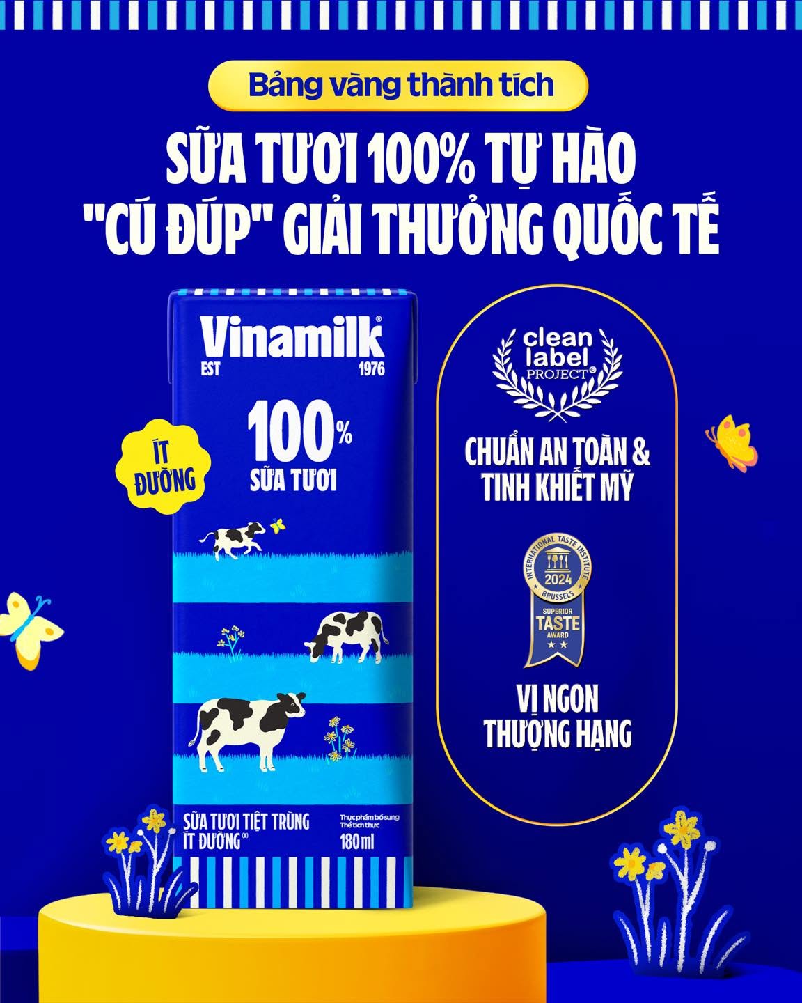 C&uacute; đ&uacute;p giải thưởng danh gi&aacute; l&agrave; bảo chứng cho vị ngon, độ an to&agrave;n v&agrave; chất lượng chuẩn quốc tế của Sữa tươi Vinamilk 100%