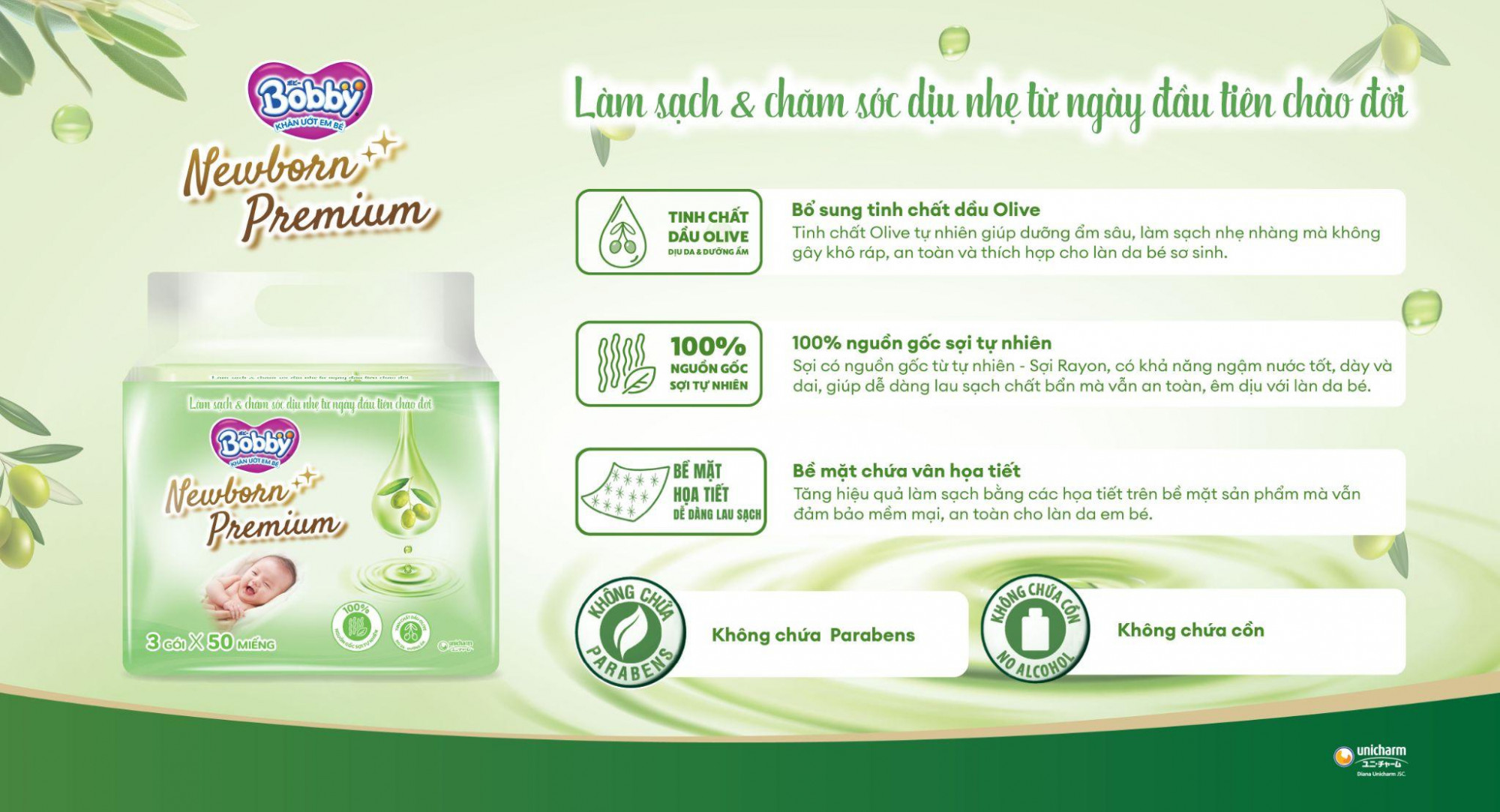 100% sợi rayon nguồn gốc tự nhi&ecirc;n kết hợp tinh chất dầu Olive gi&uacute;p l&agrave;m sạch v&agrave; dưỡng ẩm cho da b&eacute;