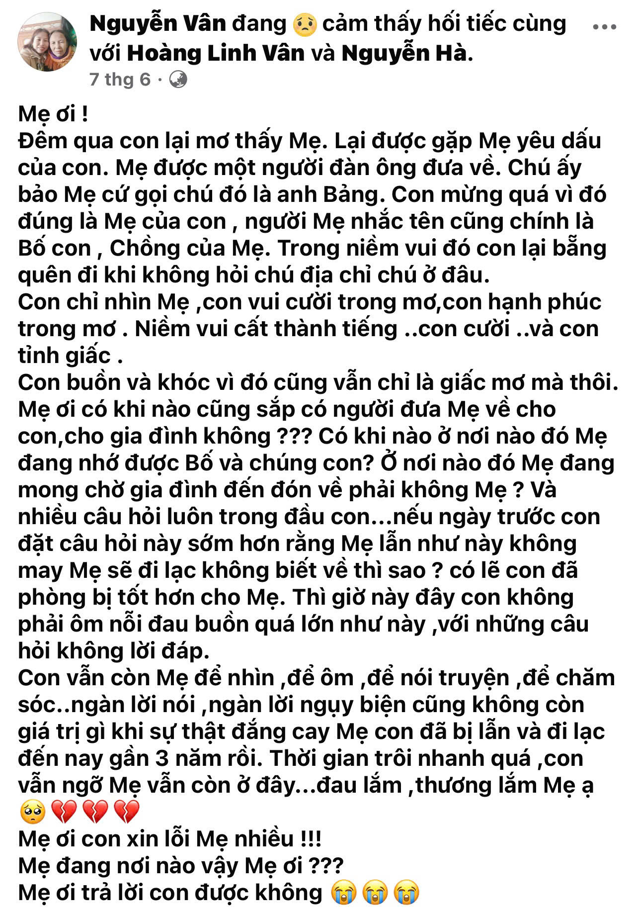 Giấc mơ diệu kỳ chị V&acirc;n được gặp lại mẹ - Ảnh: Facebook Nguyễn V&acirc;n