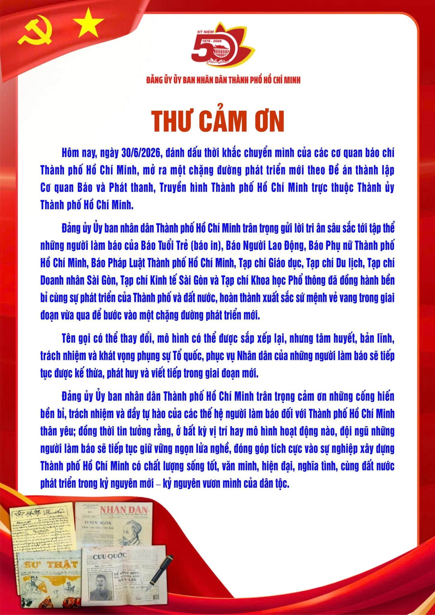 Thư cảm ơn của Đảng ủy UBND TPHCM đến 