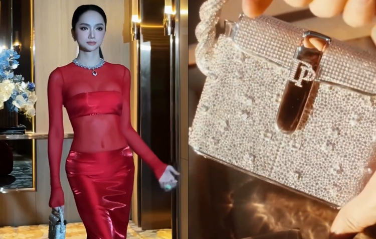 Hương Giang mang túi đính gần 9.000 viên kim cương thi hoa hậu ở Thái Lan