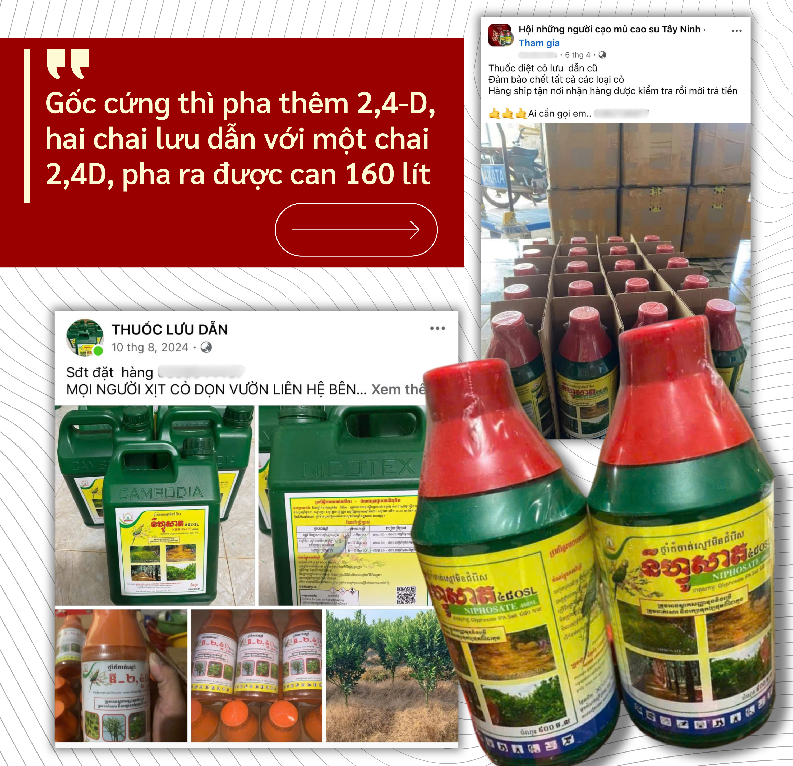 ẢNH GHÉP 3 - Những dòng quảng cáo xuất hiện trên một fanpage Facebook mang tên “Lưu dẫn”. hình ảnh các loại thuốc cỏ bị cấm (2-3 ảnh) + Trích dẫn_ “Gốc cứng thì pha thêm 2,4-D, hai chai.png