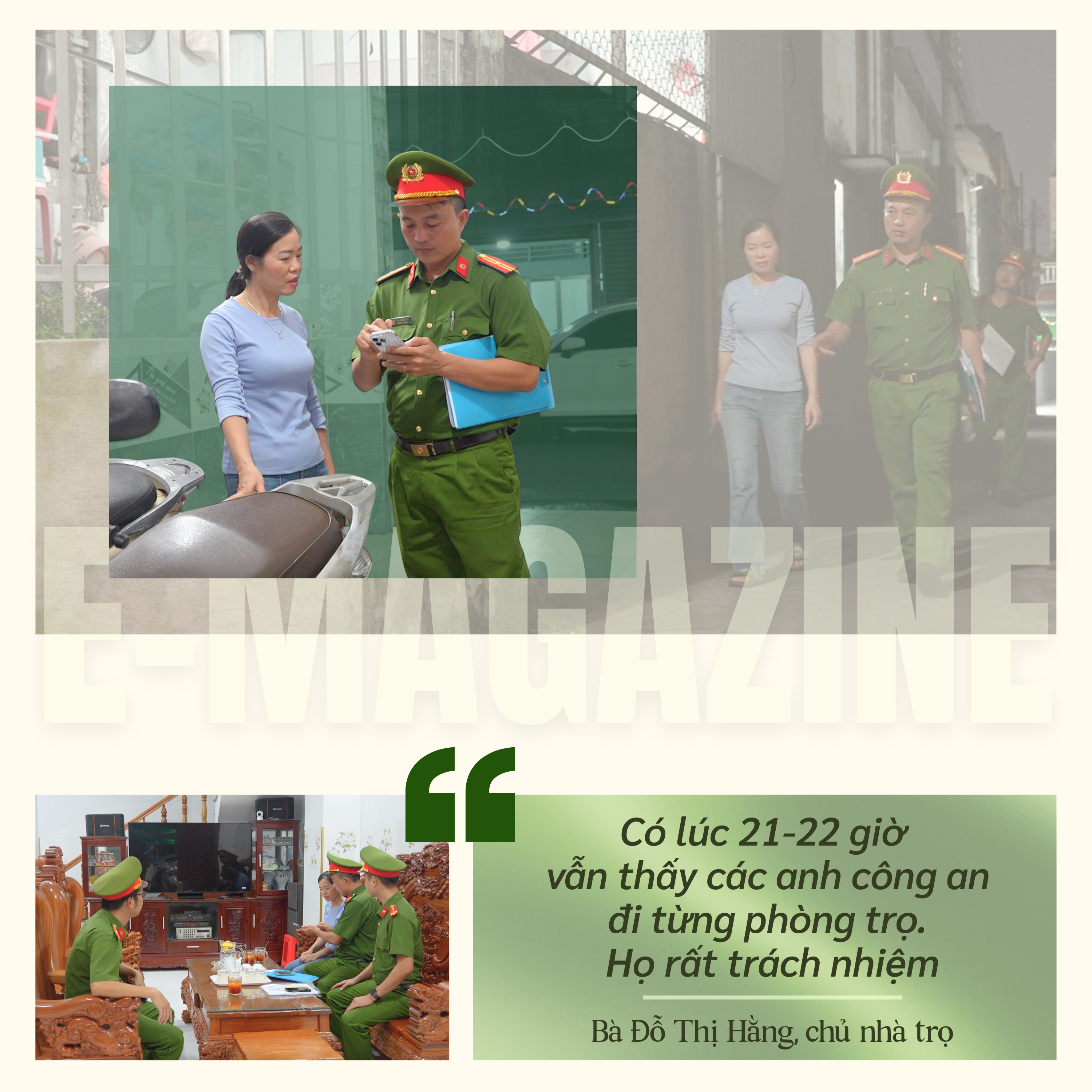 ẢNH GHÉP 6_ H20 H21 h22 Trích dẫn_  “Có lúc 21-22 giờ đêm vẫn thấy các anh công an đi từng phòng trọ. Họ rất trách nhiệm”- bà Đỗ Thị Hằng, chủ nhà trọ.png