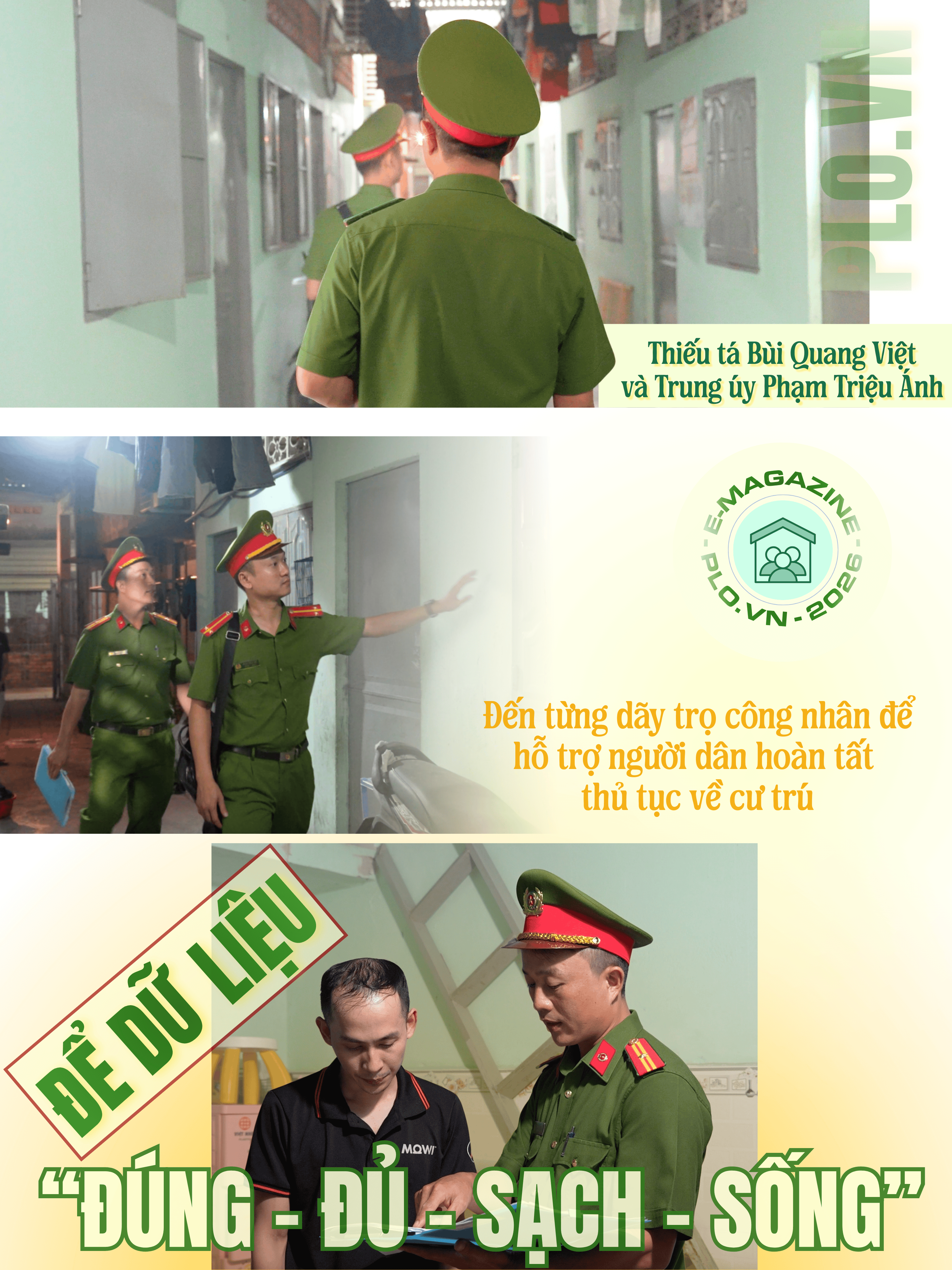 ẢNH GHÉP 7_ H23-H25-h27 chú thích ảnh_ Thiếu tá Bùi Quang Việt và Trung úy Phạm Triệu Ánh đến từng dãy trọ công nhân để hướng dẫn người dân hoàn tất thủ tục về cư trú (1).png