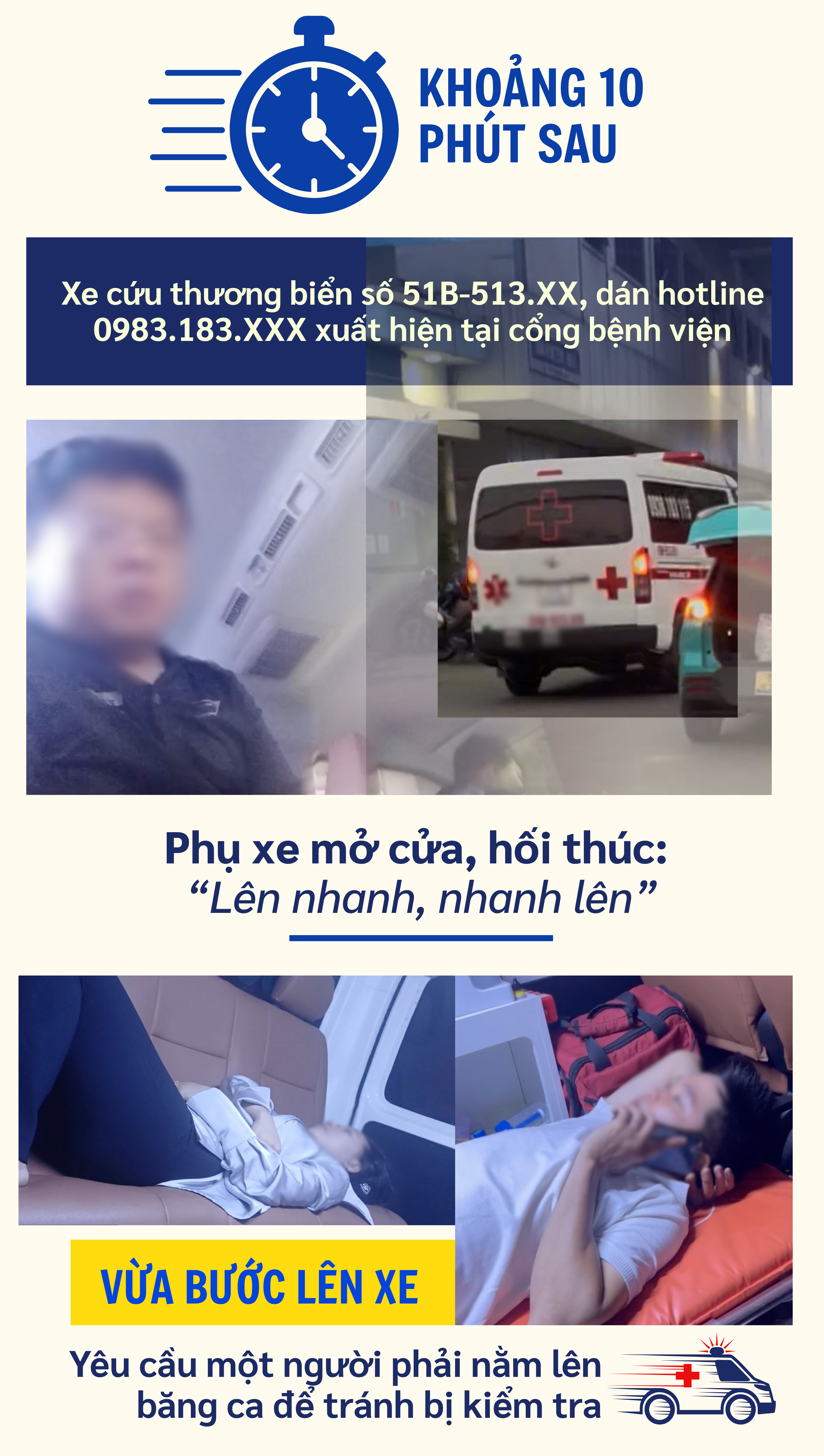 ẢNH GHÉP 4 - Khoảng 10 phút sau, xe cứu thương biển số 51B-513.89, dán hotline 0983.183.115 xuất hiện tại cổng bệnh viện. Phụ xe mở cửa, liên tục hối thúc_ “Lên nhanh, nhanh lên”. (3-4 ảnh) +.png