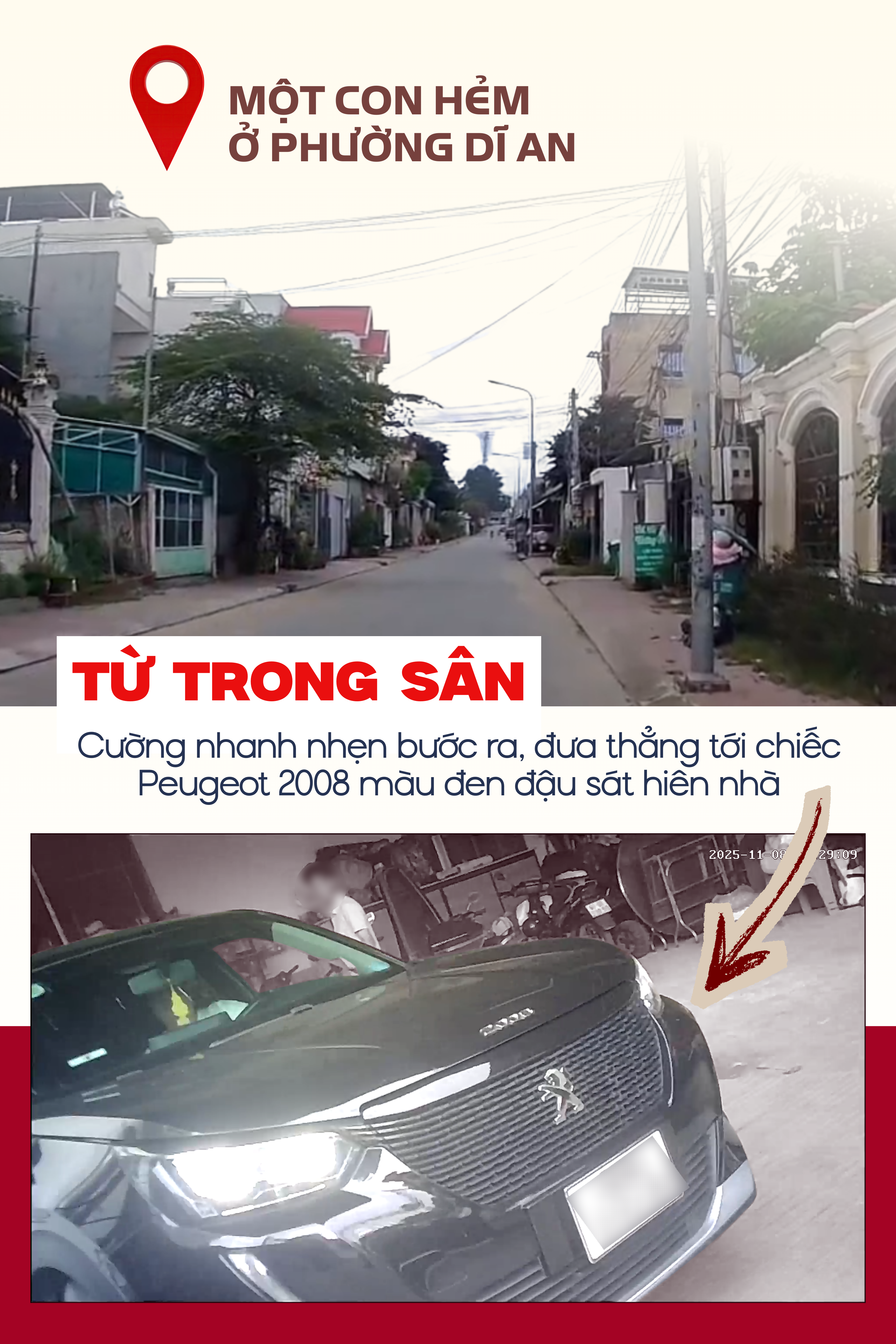 ẢNH GHÉP 3 - PV đến địa chỉ một con hẻm ở phường Dĩ An. Từ trong sân, Cường nhanh nhẹn bước ra, đưa thẳng tới chiếc Peugeot 2008 màu đen đậu sát hiên nhà (3 ảnh).png