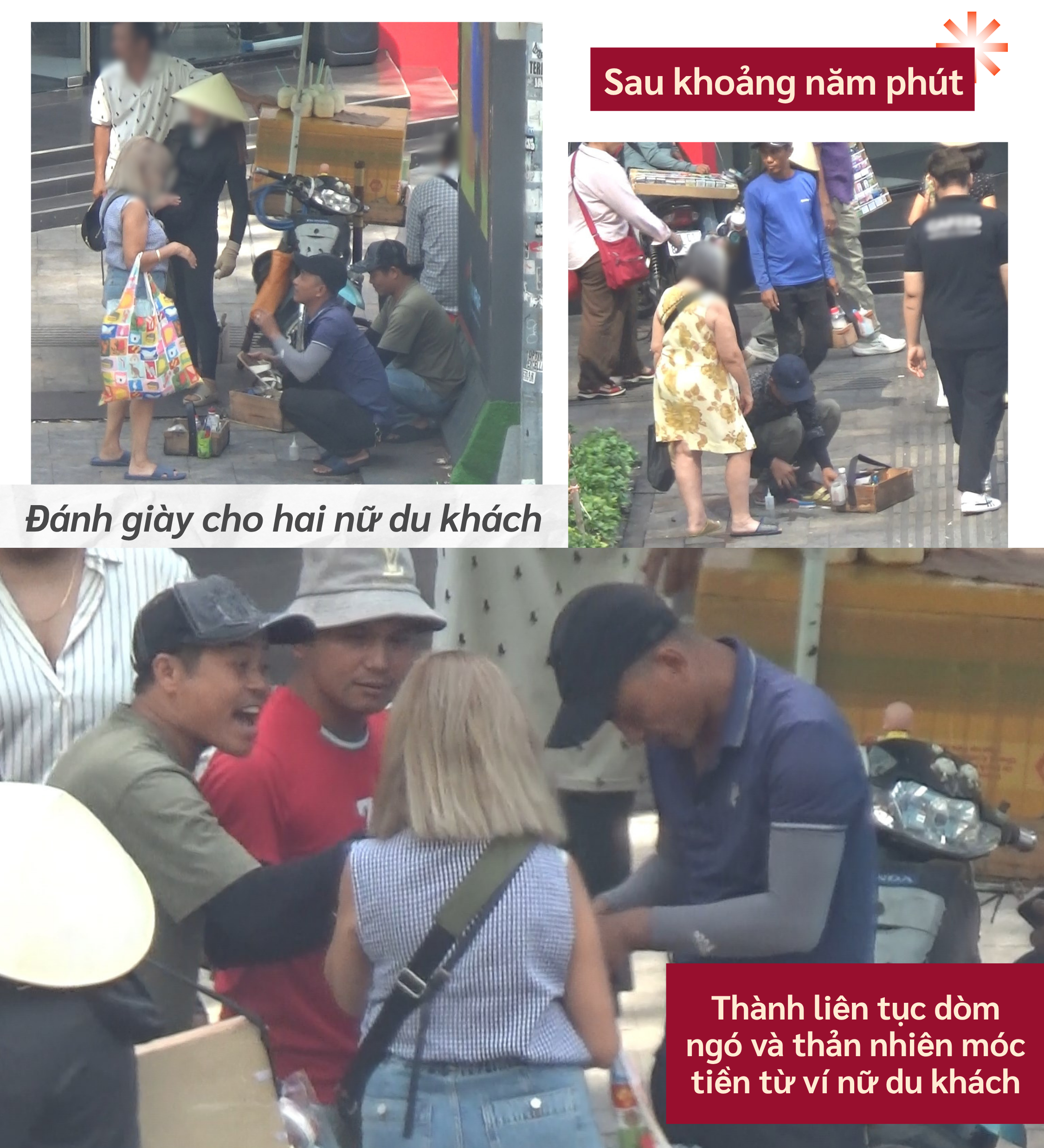 ẢNH GHÉP 6 - Sau khoảng năm phút đánh giày cho hai nữ du khách, Thành liên tục dòm ngó và ra hiệu lấy tiền, khi khách vừa mở ví thì Thành dùng tay móc lấy hai tờ tiền mệnh giá 500 ngàn đồng.png