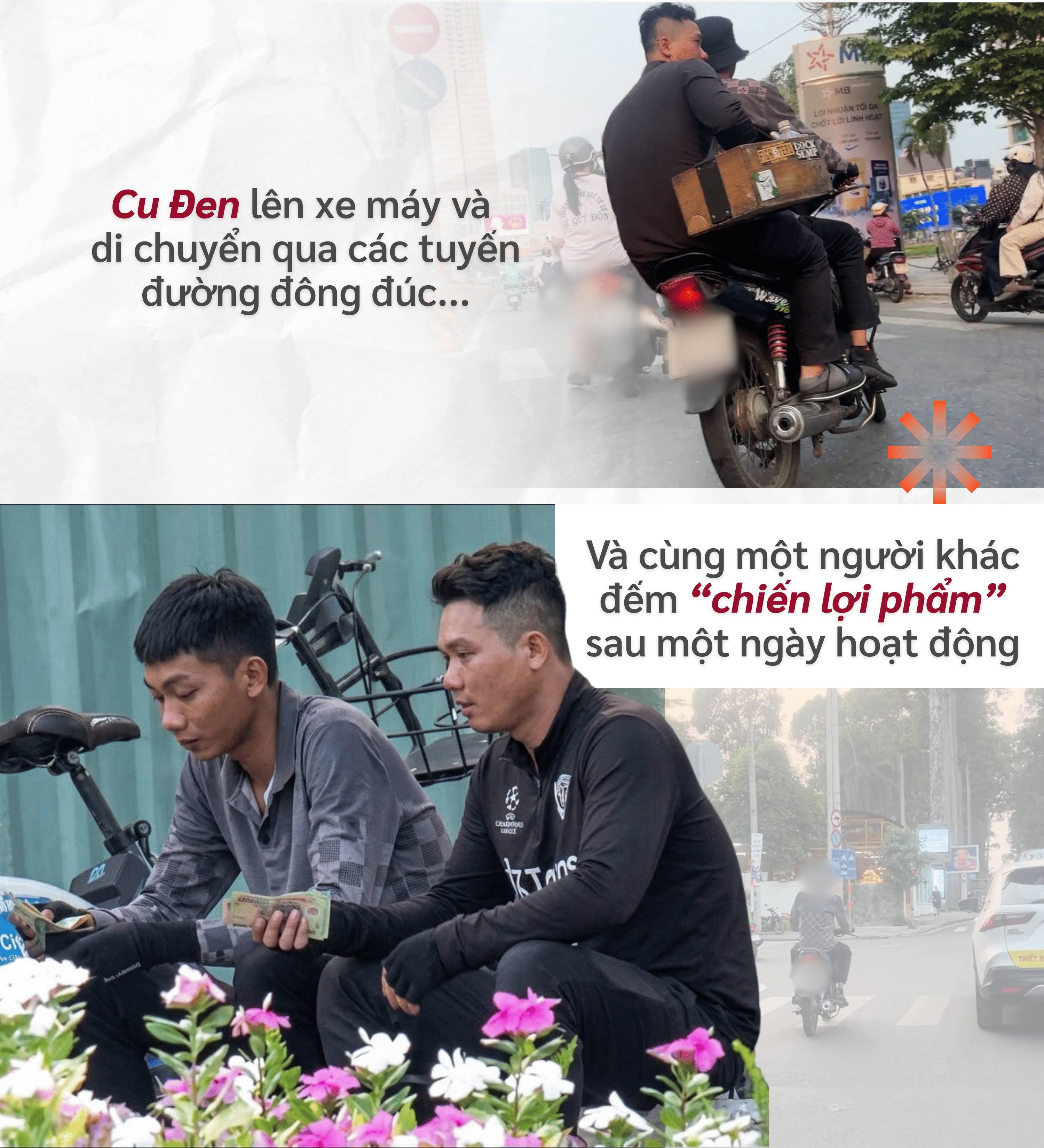 ẢNH GHÉP 11 - Sau khi lấy được tiền từ du khách, “Cu Đen” lên xe máy, nổ máy và di chuyển khỏi vỉa hè đường Nam Kỳ Khởi Nghĩa, len lỏi qua các tuyến đường đông đúc (1).png