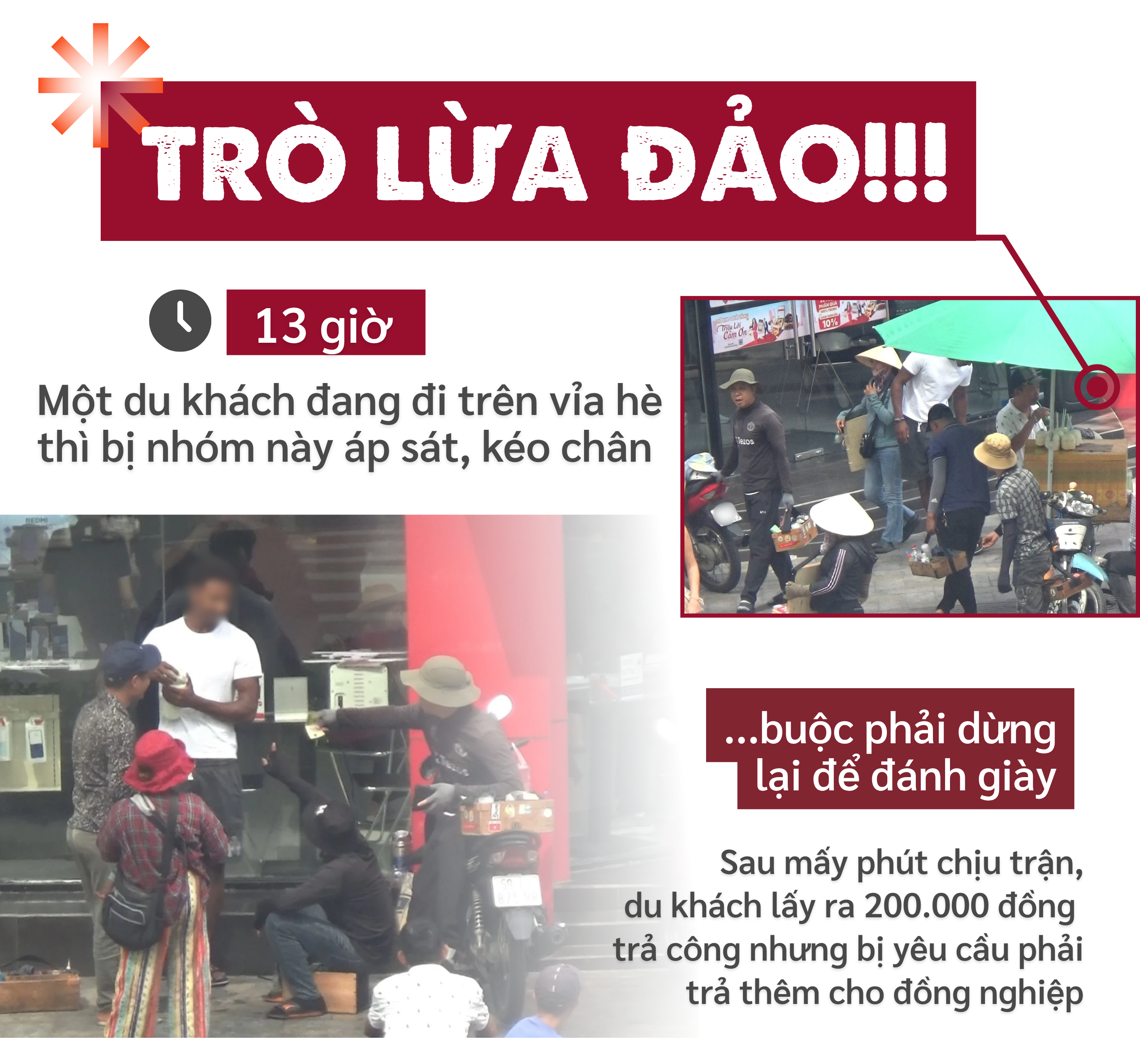ẢNH GHÉP 3- 13 giờ, một du khách đang đi trên vỉa hè thì bị nhóm này áp sát, kéo chân buộc phải dừng lại để ép đánh giày. Sau mấy phút chịu trận, du khách lấy ra 200 ngàn đồng trả.png