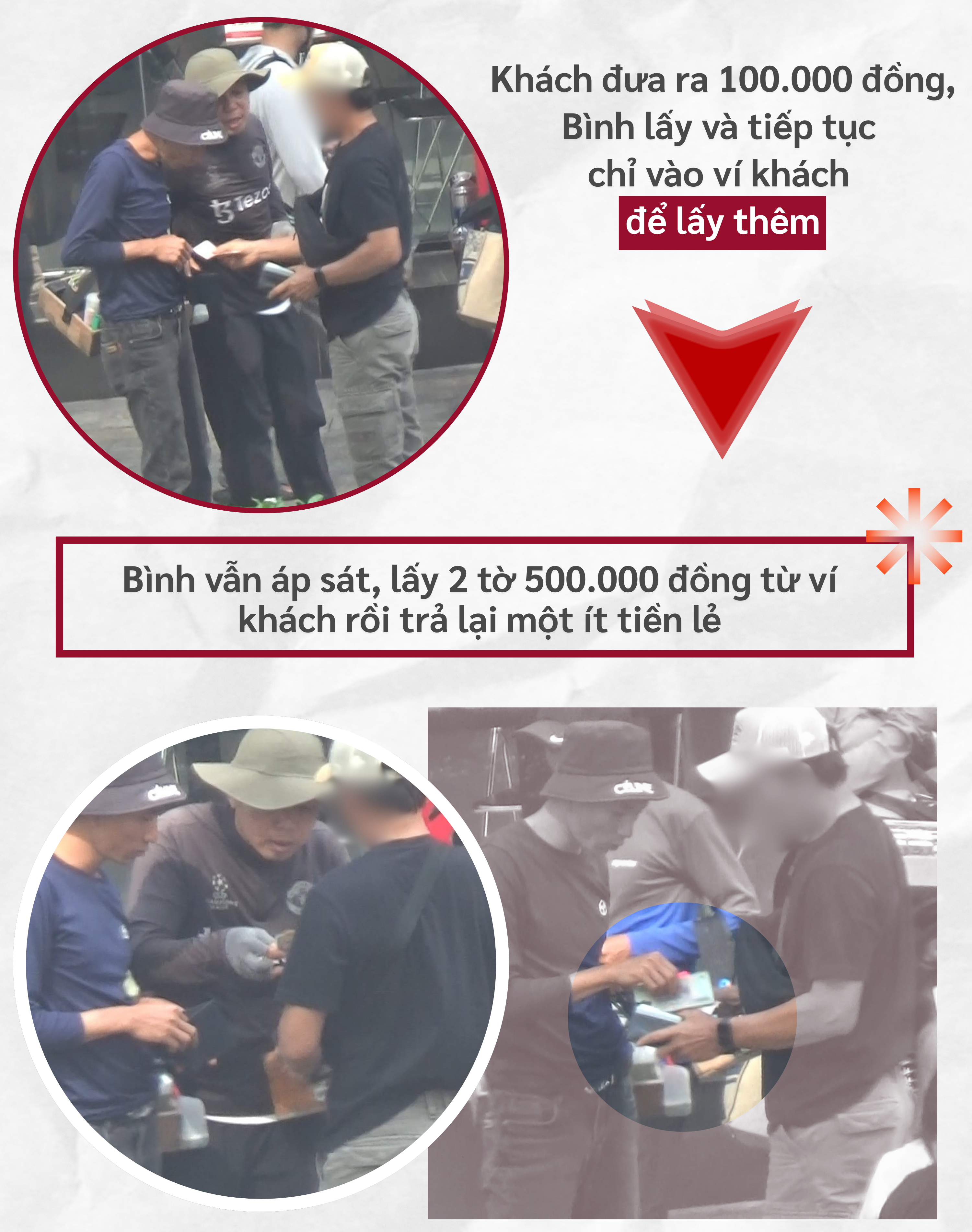 ẢNH GHÉP 5 - Khách đưa ra 100 ngàn đồng, Bình lấy và liên tục nói và dùng thao tác chỉ vào ví khách để lấy thêm. Dù khách quay đi nhưng Bình vẫn áp sát, lấy 2 tờ 500 ngàn từ ví khách rồi.png