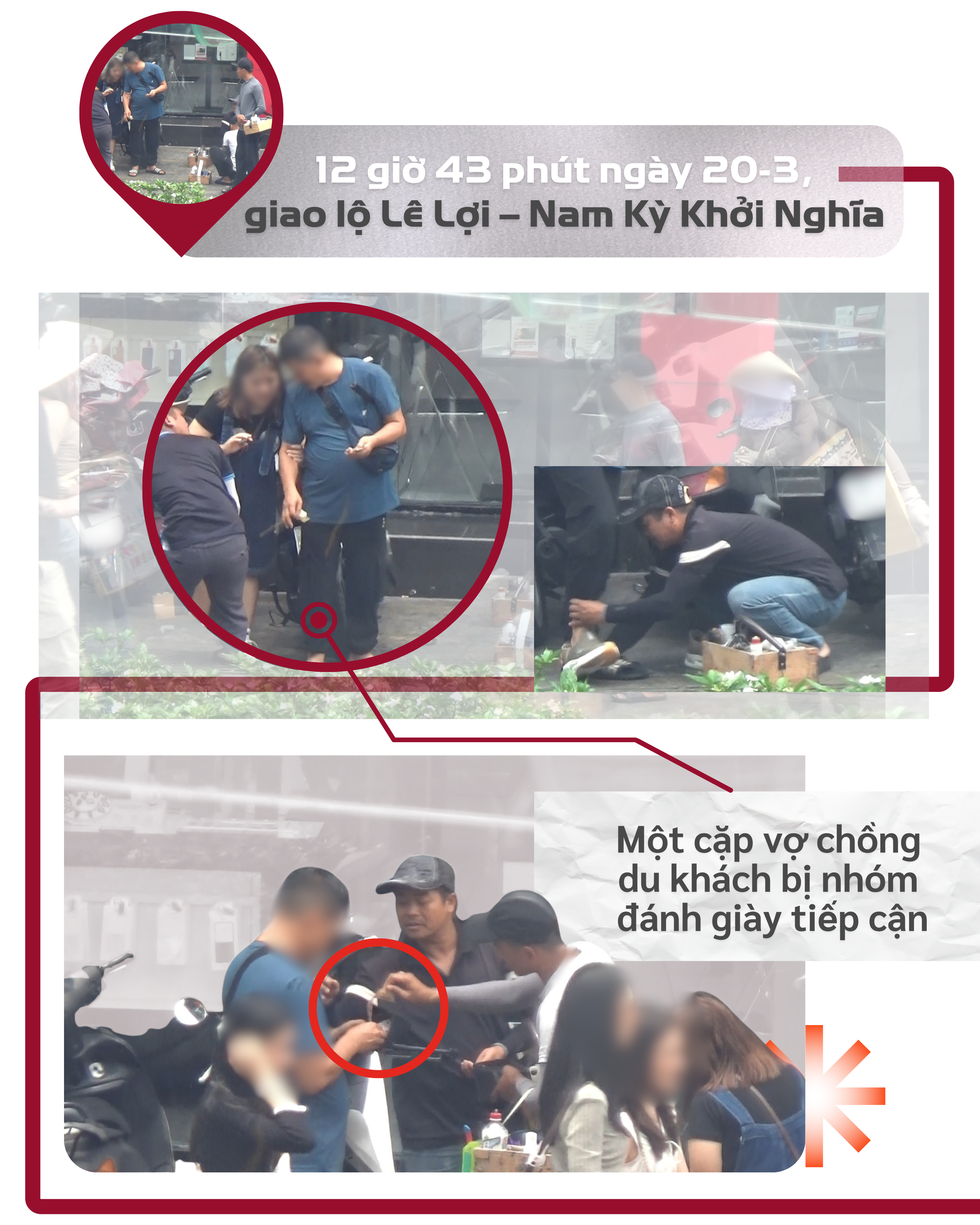 ẢNH GHÉP 9 - Khoảng 12 giờ 43 phút ngày 20-3, một cặp vợ chồng du khách nước ngoài tiếp tục bị nhóm đánh giày tiếp cận khi đi qua khu vực giao lộ Lê Lợi - Nam Kỳ Khởi Nghĩa. Hiếu, Thành.png