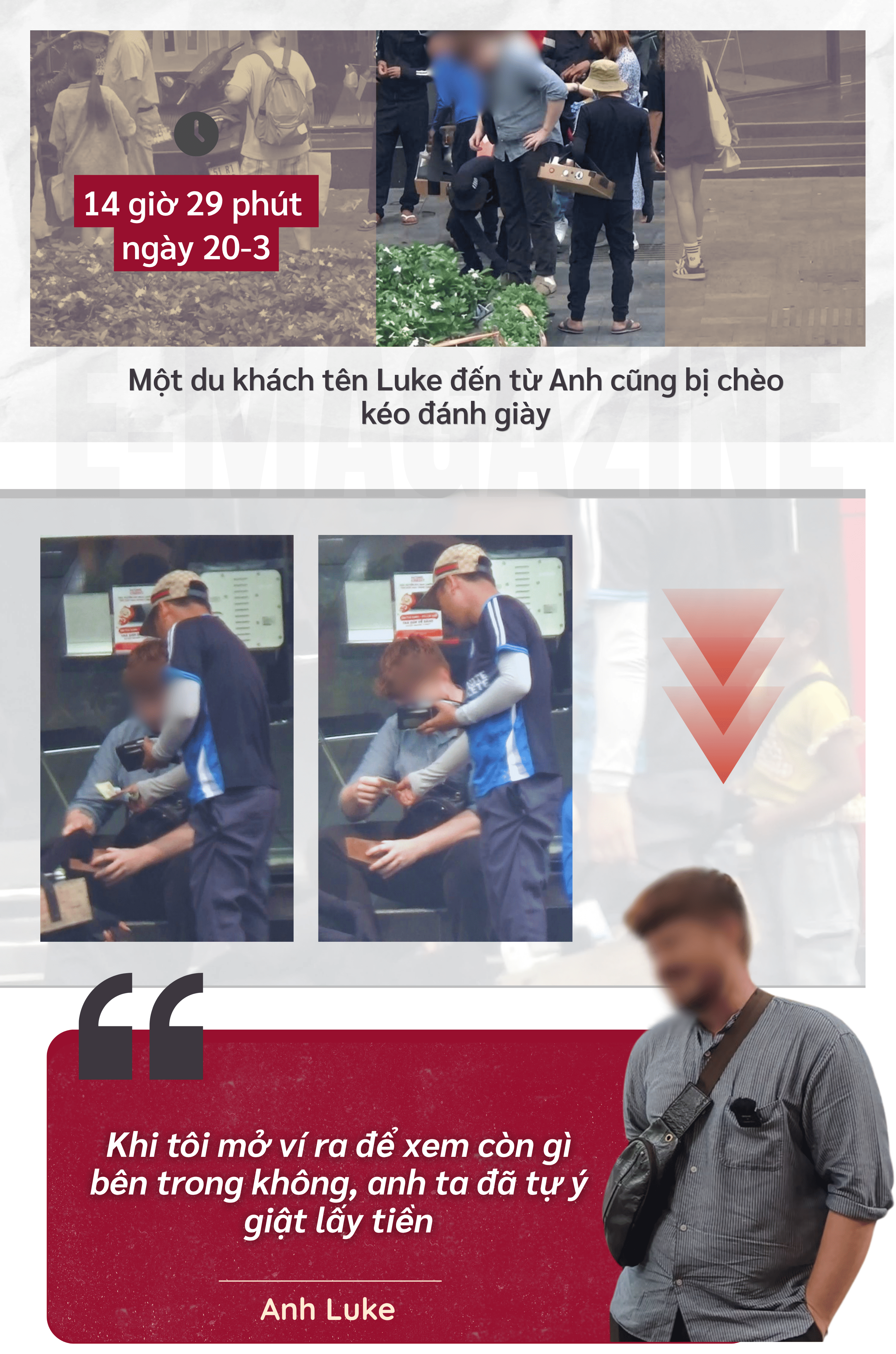 ẢNH GHÉP 3 - Khoảng 14 giờ 29 phút ngày 20-3, một du khách nước ngoài tên Luke đến từ Anh cũng bị chèo kéo đánh giày (3 ảnh) Nam thanh niên tên Bằng, hay còn gọi là _Cu Đen_ nhanh tay thò vào.png