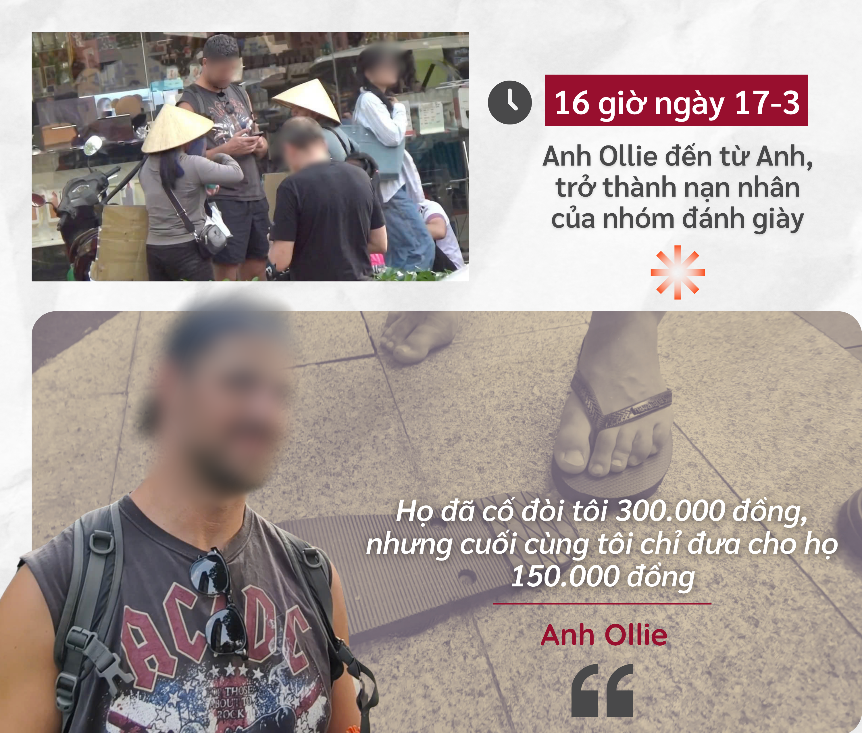 ẢNH GHÉP 5 -16 giờ ngày 17-3, anh Ollie (38 tuổi, đến từ Anh) trở thành nạn nhân của nhóm đánh giày. (2 ảnh) Chân dung anh Ollie kèm trích dẫn_ _Anh ta chỉ vào đôi dép của tôi, tháo chúng ra.png