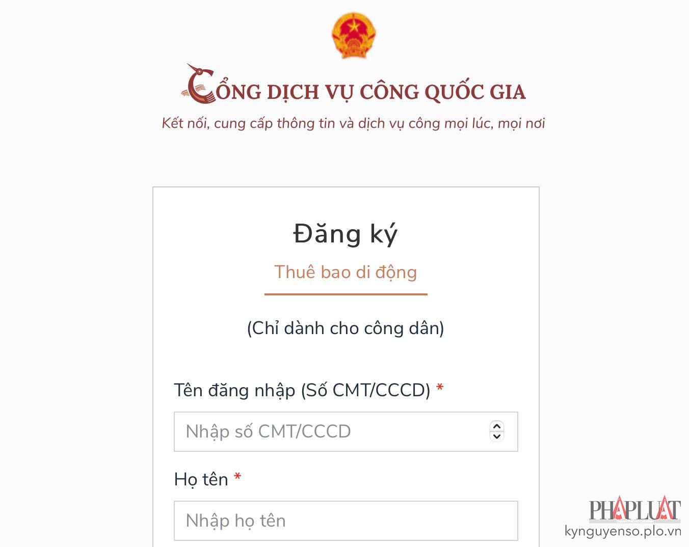 Đăng ký tài khoản miễn phí trên cổng Dịch vụ công Quốc gia. Ảnh: MINH HOÀNG