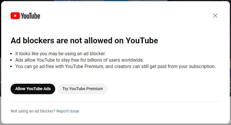 youtube chặn các trình chặn quảng cáo