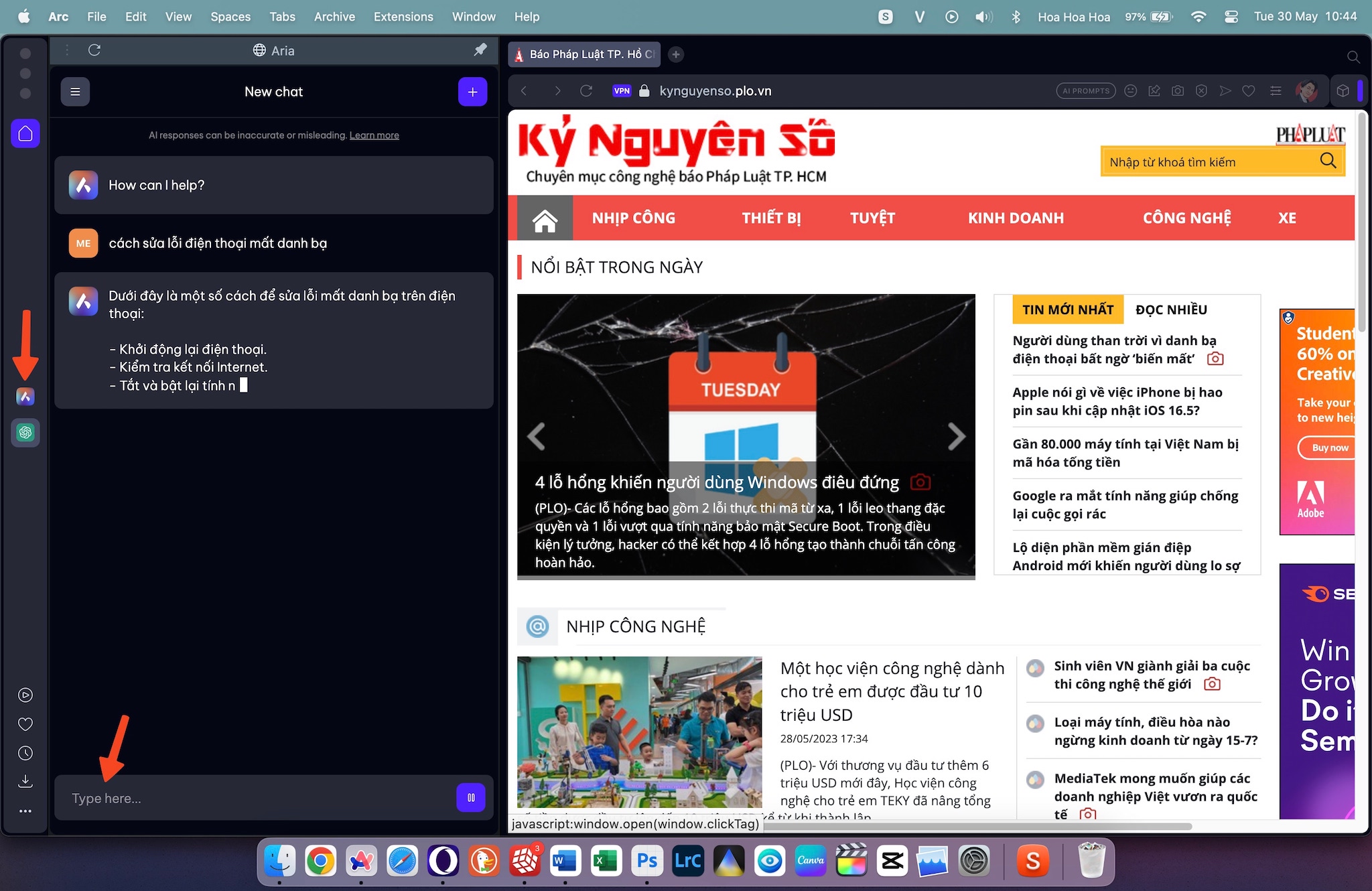 Cách sử dụng Aria ngay trên Opera One. Ảnh: TIỂU MINH