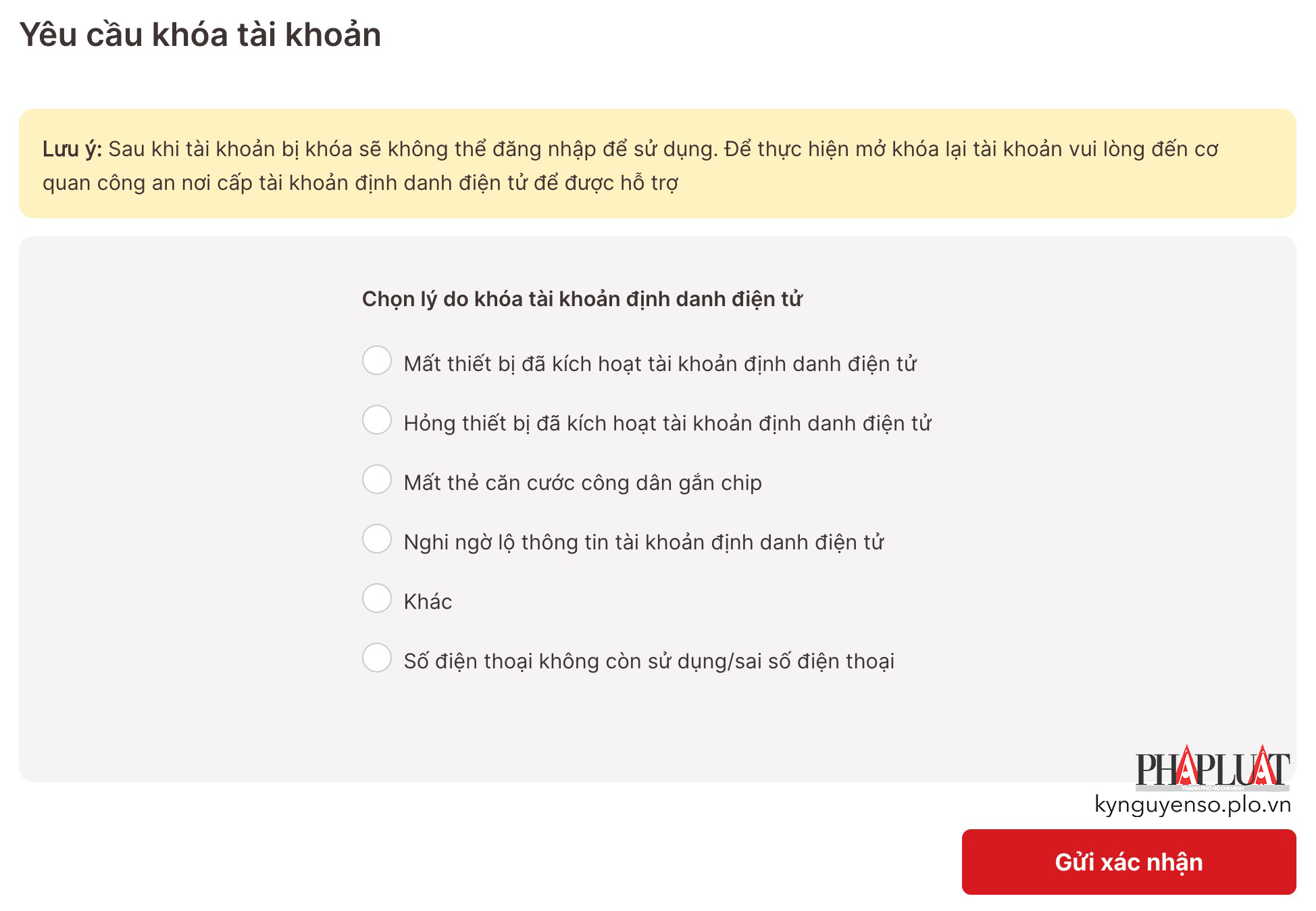 Chọn lý do khóa tài khoản VNeID. Ảnh: MINH HOÀNG