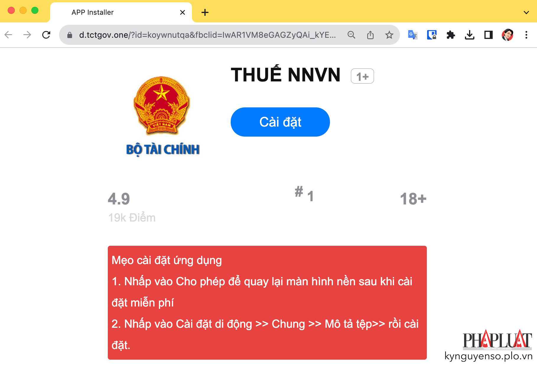 Trang web tải ứng dụng thuế giả mạo