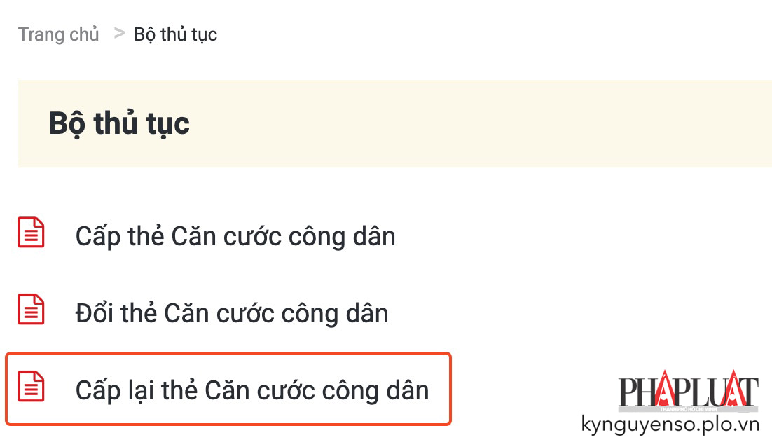 Chọn thủ tục cấp lại thẻ căn cước công dân. Ảnh: MINH HOÀNG