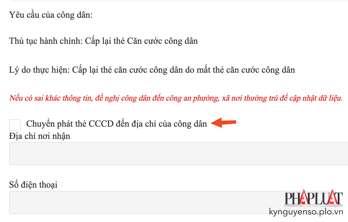 Chọn dịch vụ gửi thẻ căn cước về tận nhà. Ảnh: MINH HOÀNG