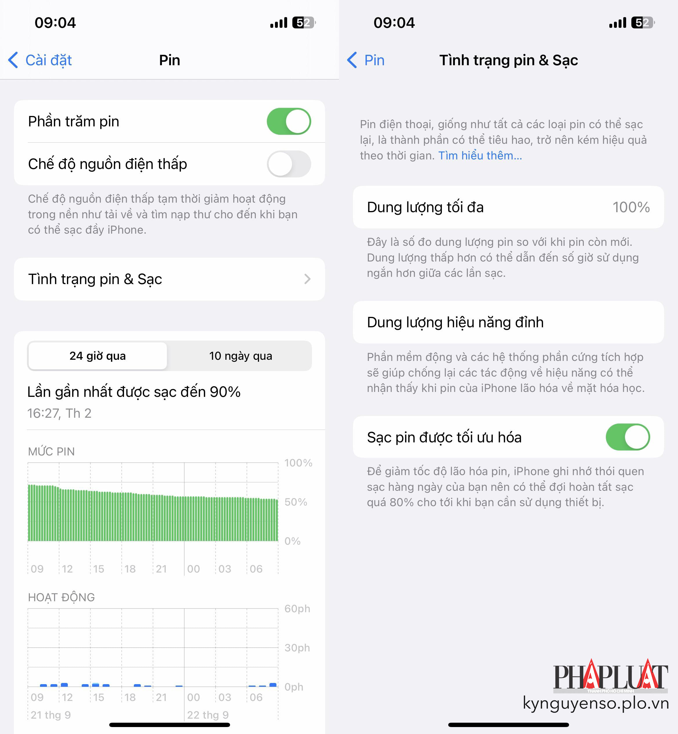 Kiểm tra tình trạng pin trên iPhone. Ảnh: TIỂU MINH
