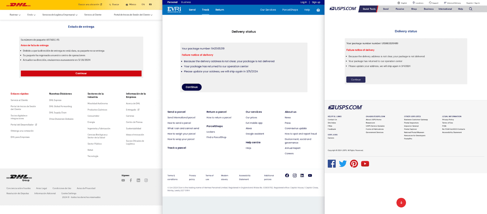 Các trang lừa đảo nhắm mục tiêu vào các dịch vụ bưu chính (từ trái sang phải: DHL, Evri, Bưu điện Hoa Kỳ. Ảnh: Netcraft