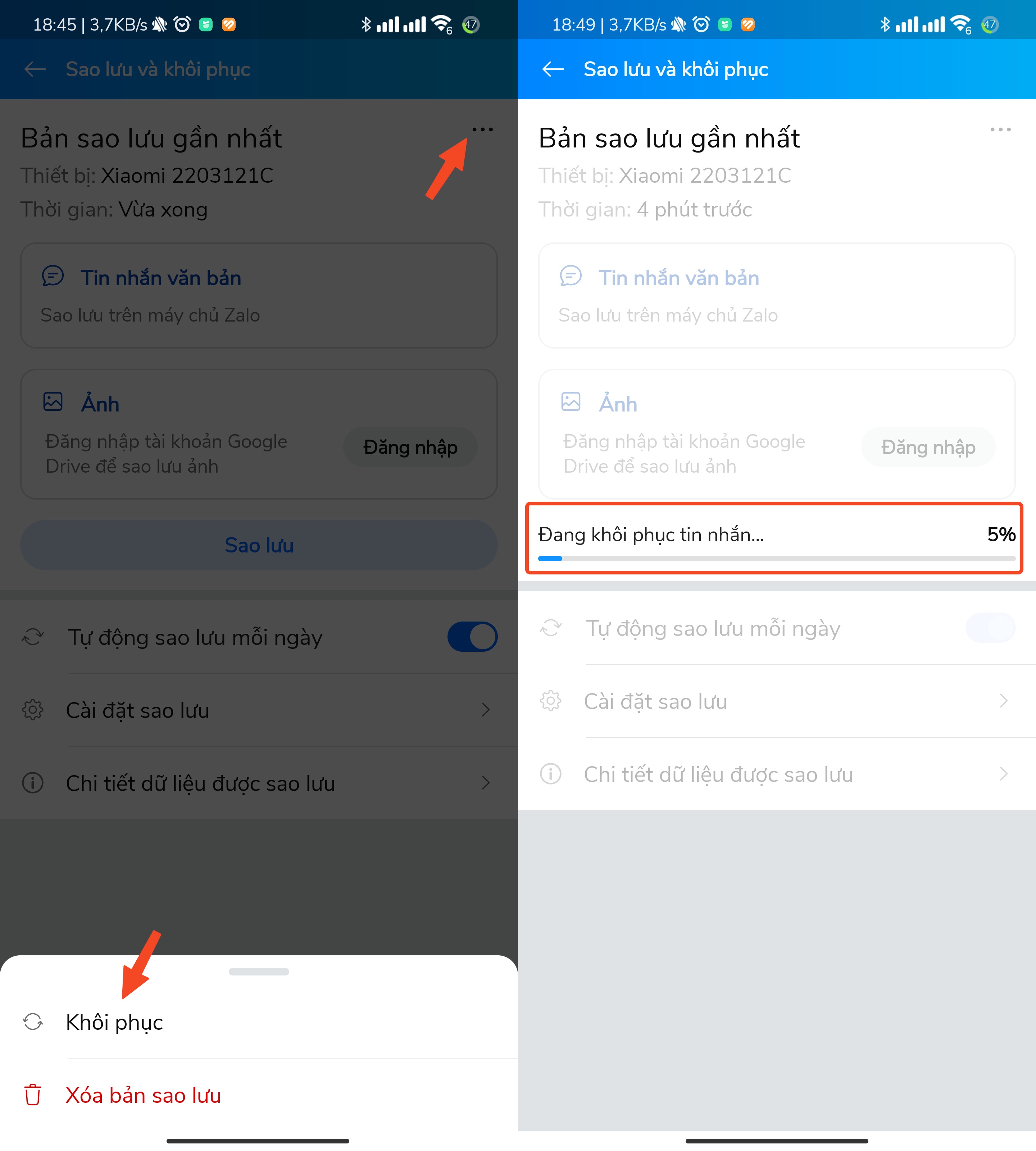 Khôi phục tin nhắn Zalo đã xóa bằng bản sao lưu. Ảnh: MINH HOÀNG