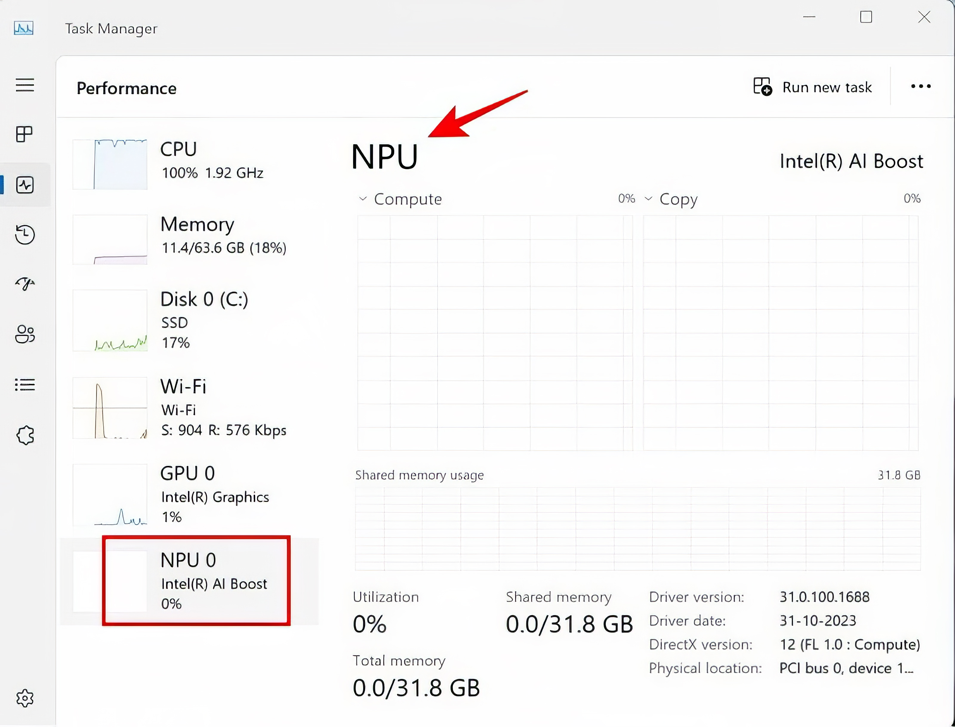 Mục NPU xuất hiện trong Task Manager nghĩa là máy tính có hỗ trợ AI. Ảnh: Dell