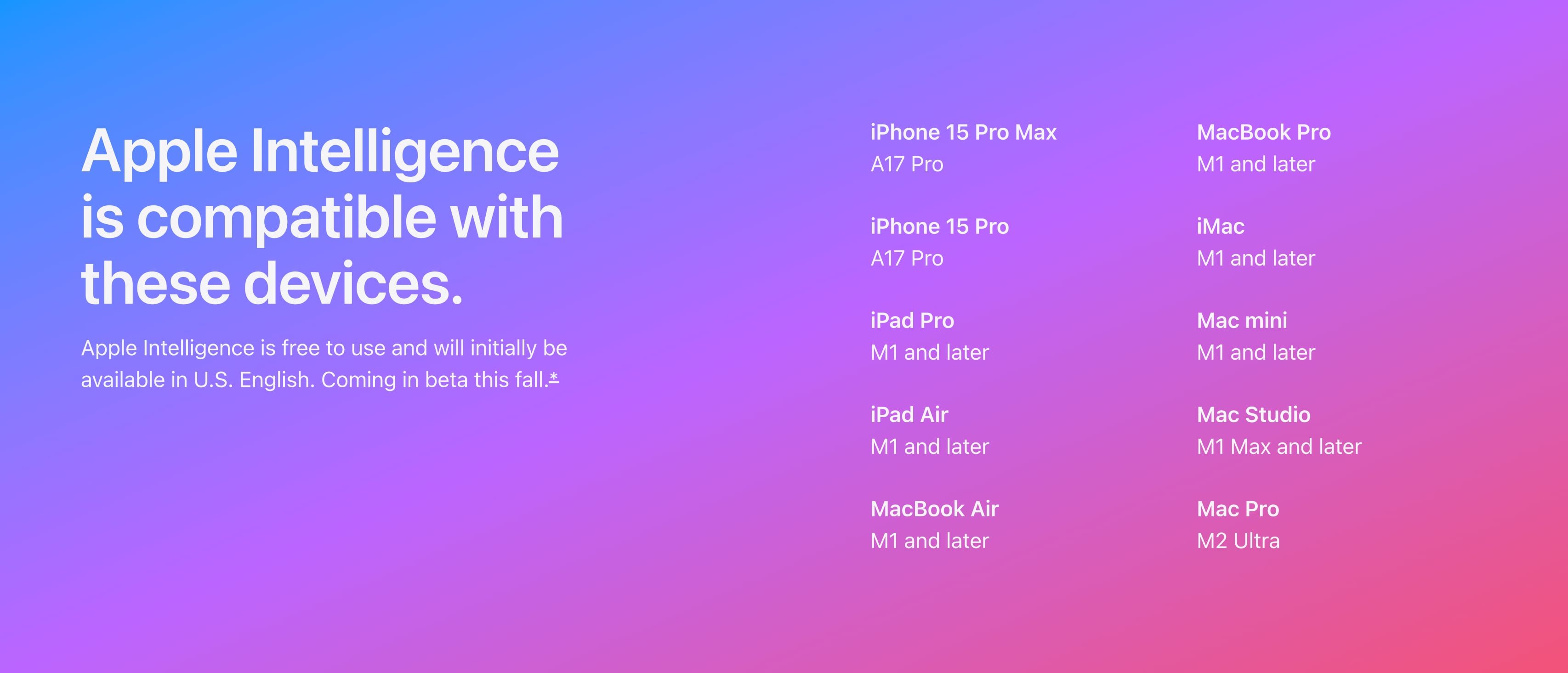 Danh sách thiết bị tương thích Apple Intelligence. Ảnh: Apple