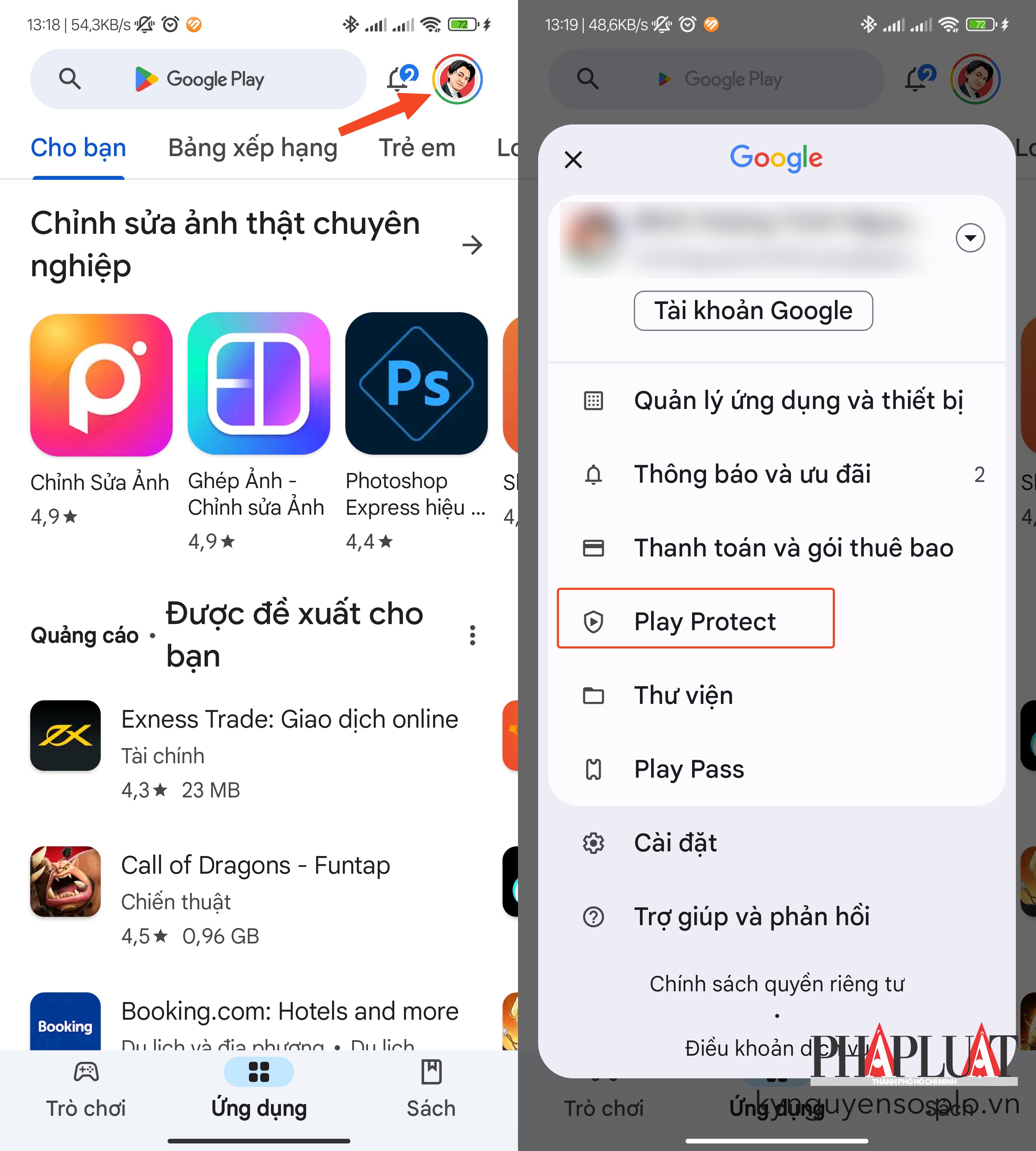 Cách bật tính năng Play Protect trên điện thoại Android. Ảnh: TIỂU MINH