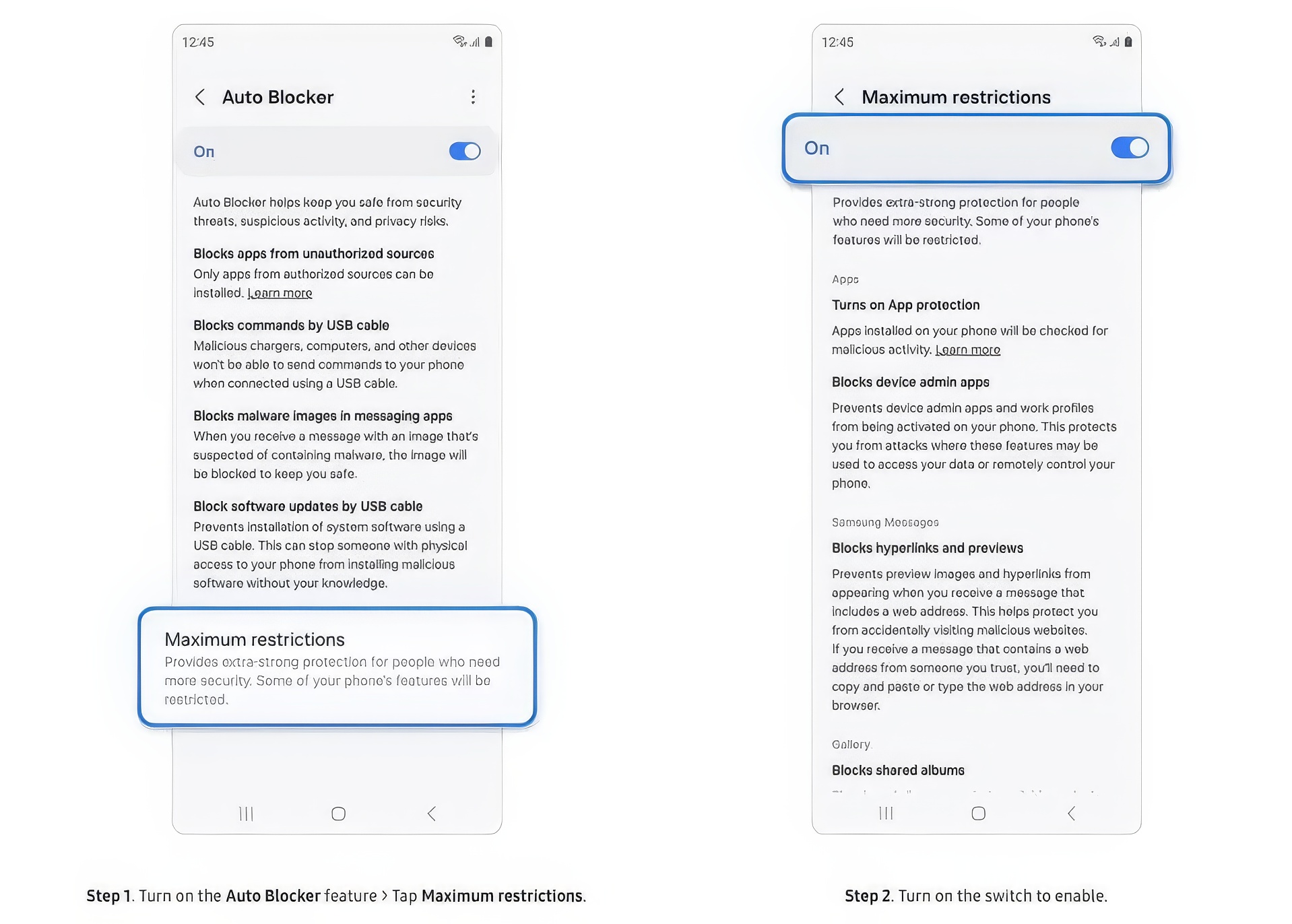 Cách bật tắt tính năng Auto Blocker trên điện thoại Samsung.