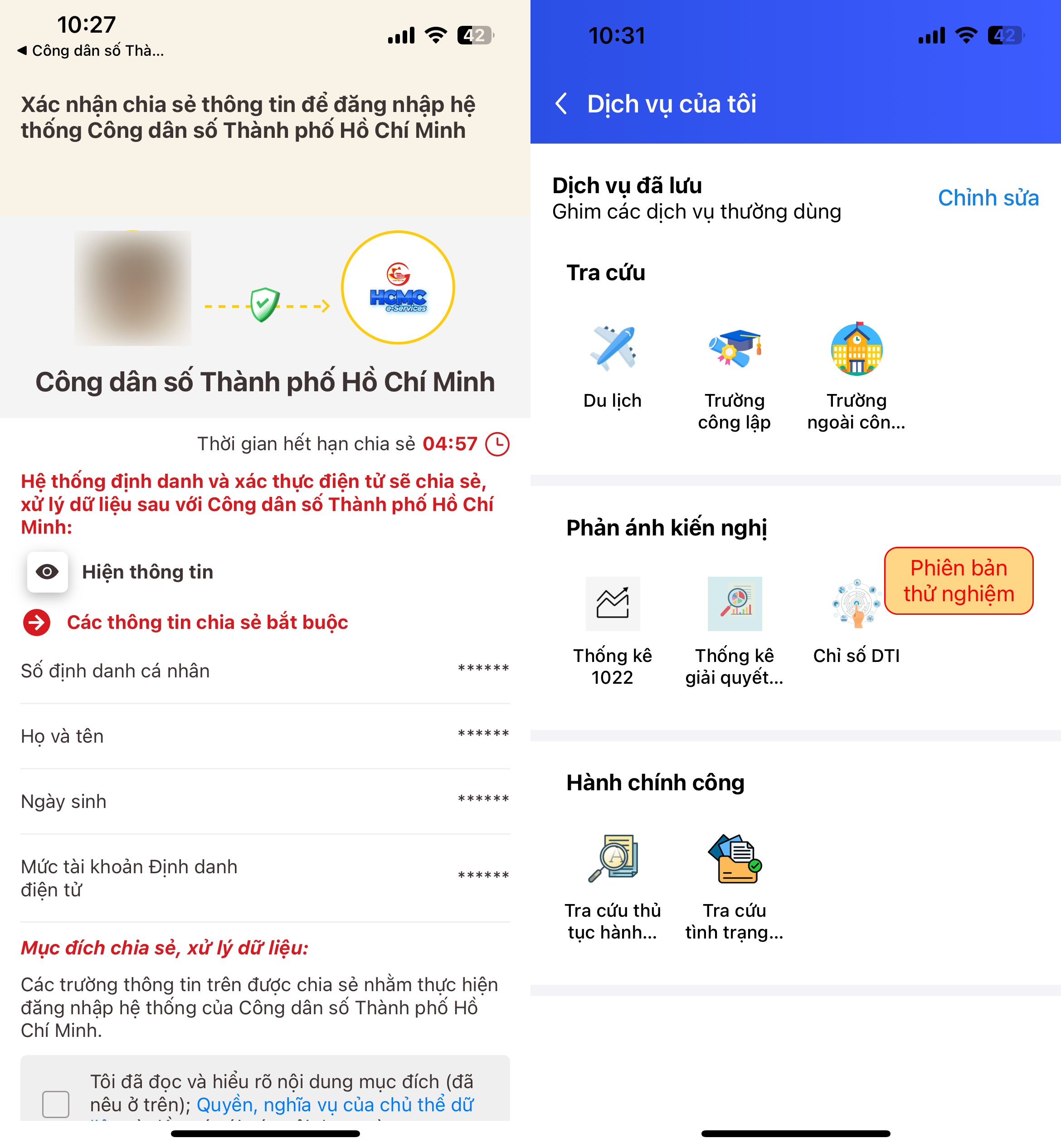 Đăng nhập ứng dụng Công dân số TP.HCM bằng tài khoản VNeID. Ảnh: MINH HOÀNG