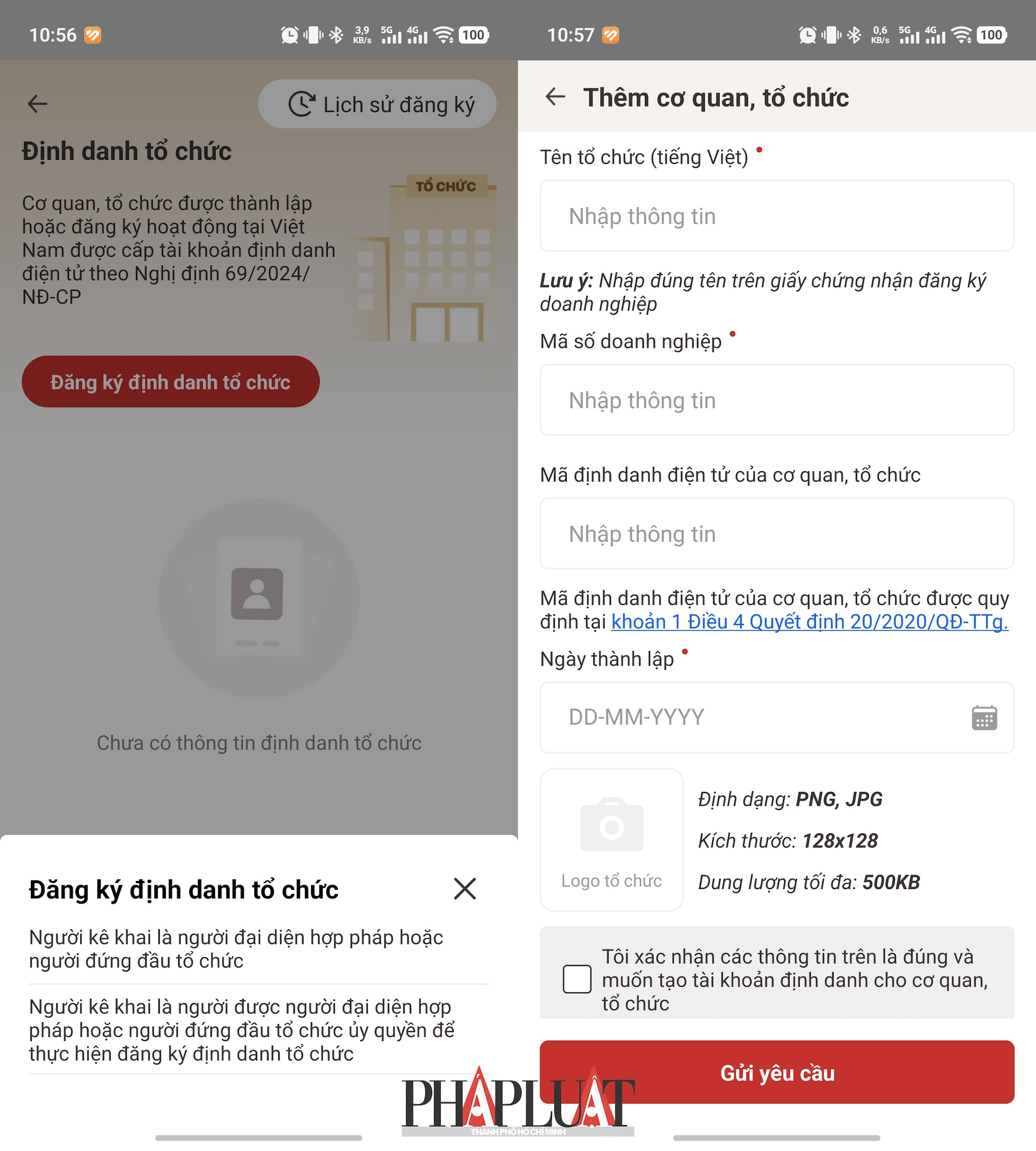 Đăng ký tài khoản định danh điện tử tổ chức trên ứng dụng VNeID. Ảnh: MINH HOÀNG