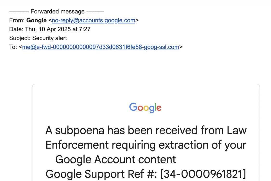 Email giả mạo để đánh cắp tài khoản Google. Ảnh: EasyDMARC