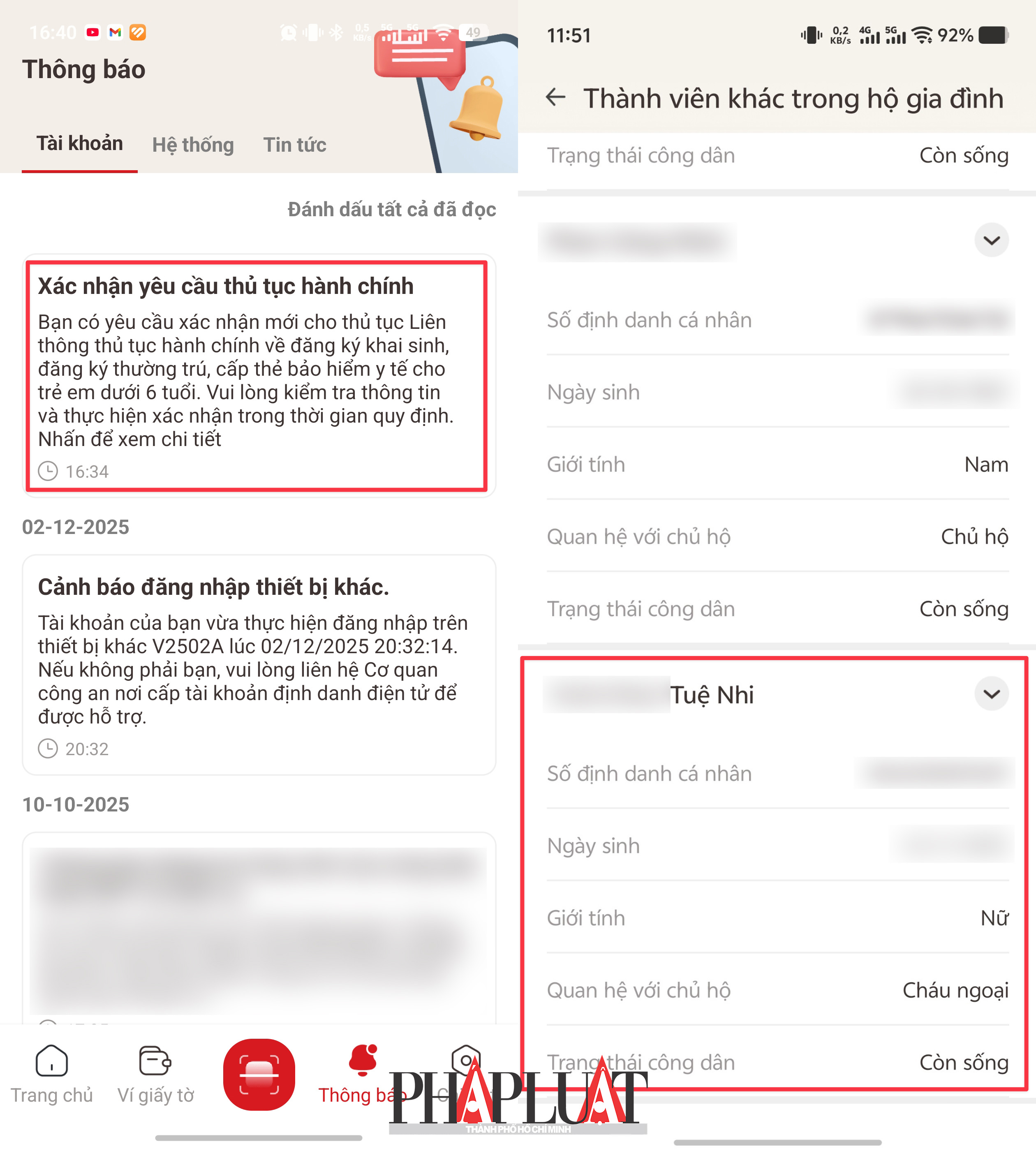 Kiểm tra thông tin của trẻ trong phần thông tin cư trú trên ứng dụng VNeID. Nếu có nghĩa là đăng ký thường trú thành công. Ảnh: MINH HOÀNG