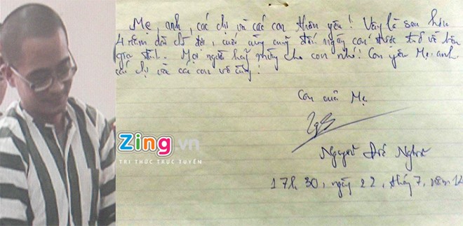 Tử tù Nghĩa viết gì trong lá thư trước giờ thi hành án