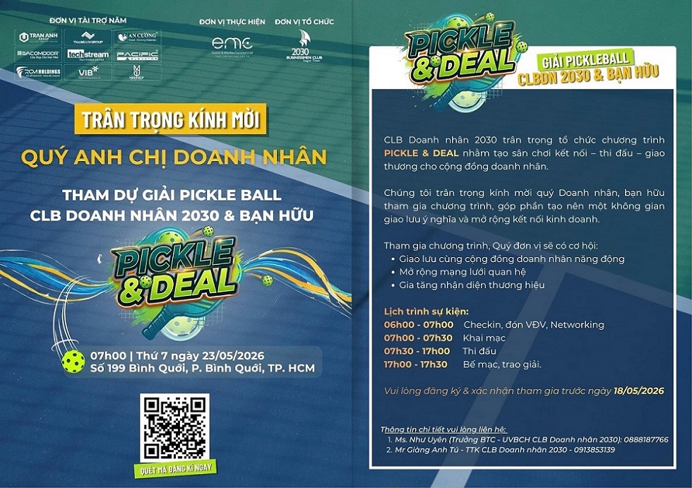 Câu lạc bộ Doanh nhân 2030 tổ chức giải Pickleball “Pickle & Deal 2026”