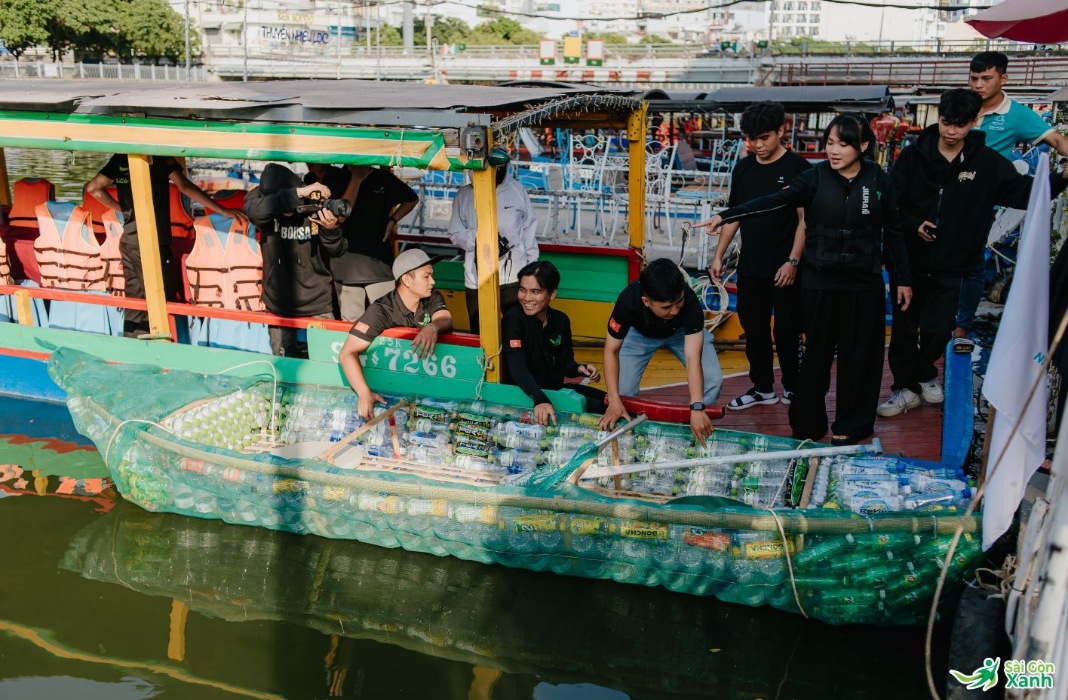 Boat made of recycled materials used to clean up canals