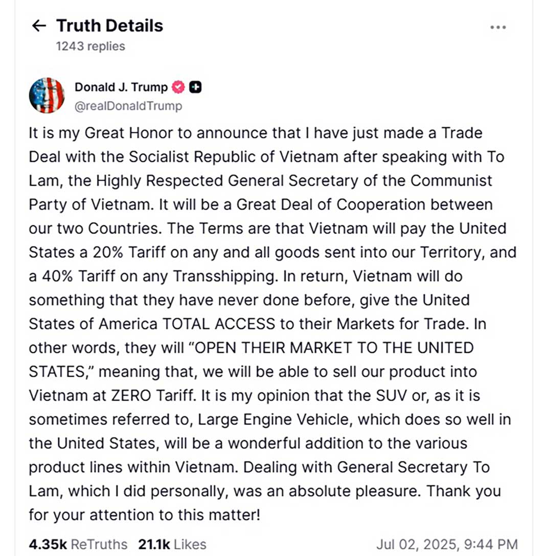 Vietnam’s exports to U.S. subject to 20% tariff