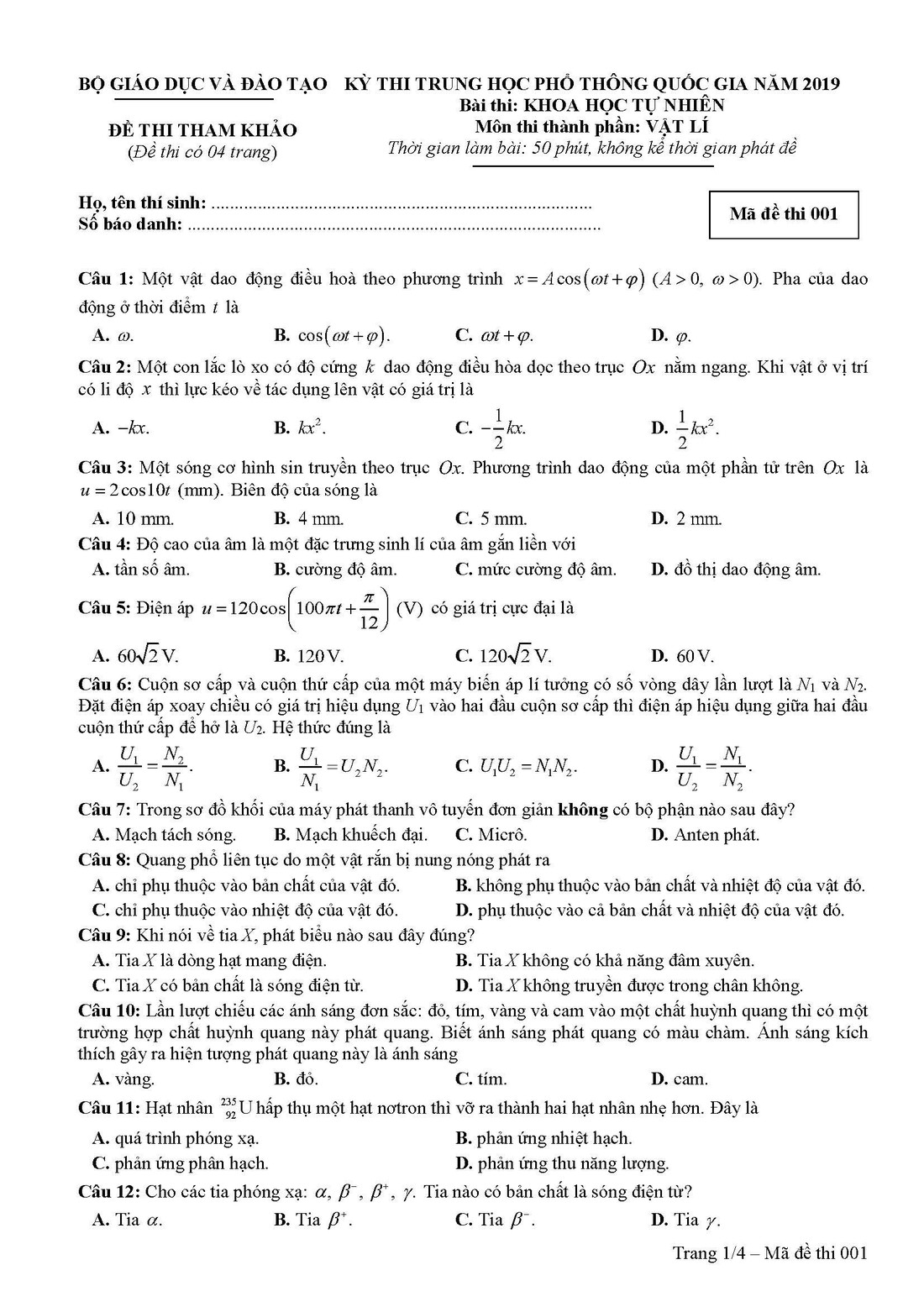 Đề tham khảo thi THPT quốc gia 2019 môn vật lý - Ảnh 1.