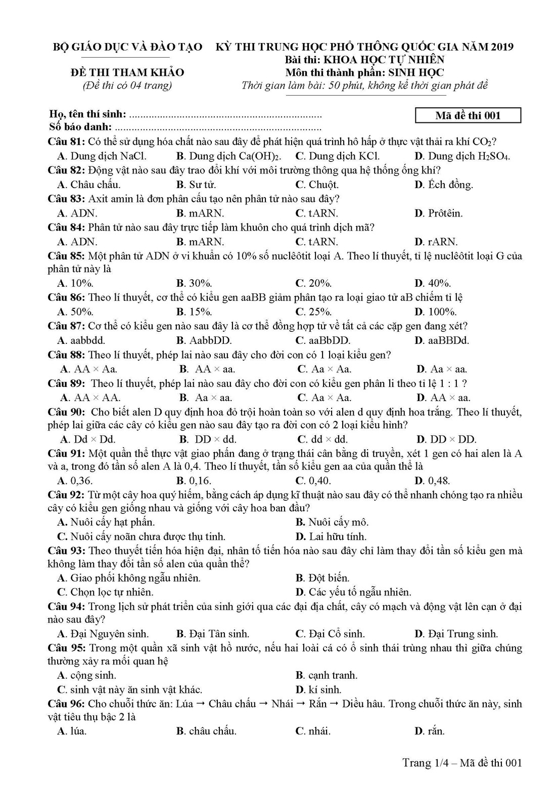 Đề tham khảo thi THPT quốc gia 2019 môn sinh - Ảnh 1.