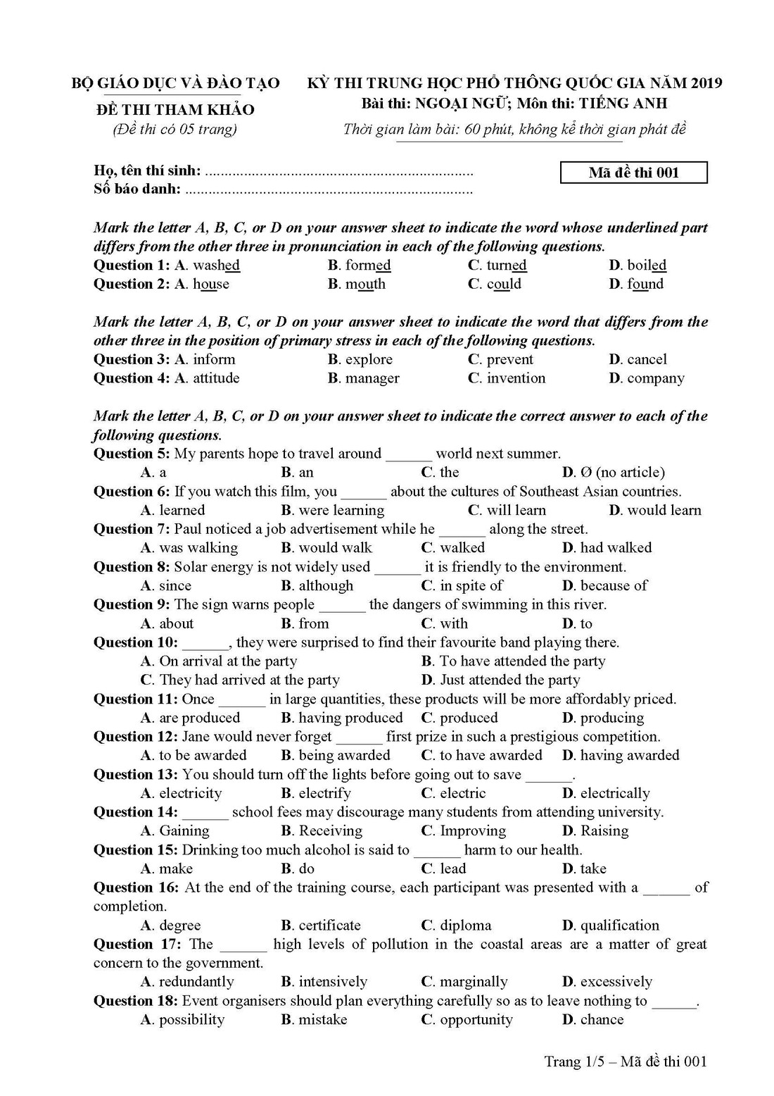 Đề tham khảo thi THPT quốc gia 2019 môn tiếng Anh - Ảnh 1.