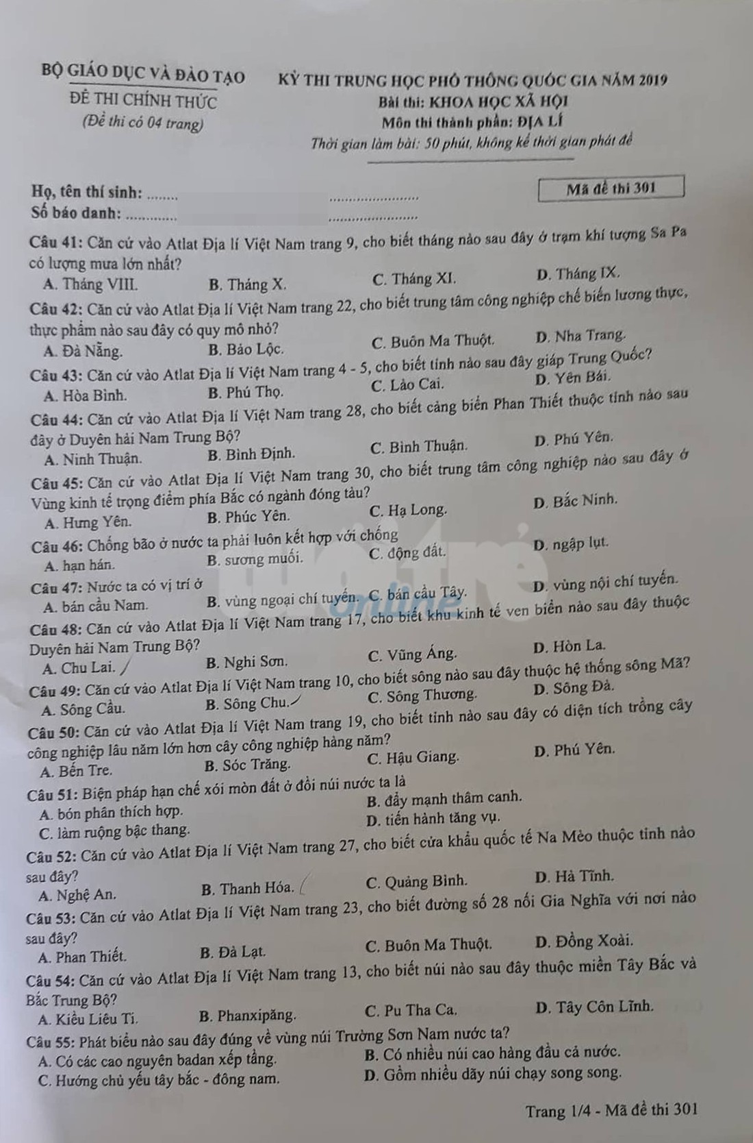 Đáp án môn địa lý THPT quốc gia 2019 - Ảnh 9.