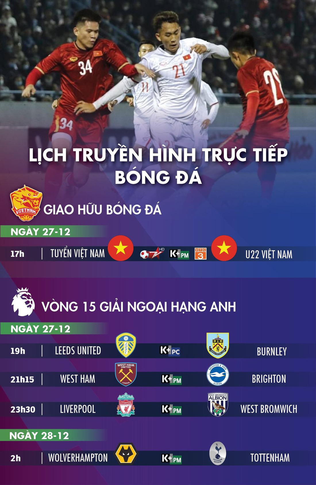 Lịch trực tiếp bóng đá 27-12: Tuyển VN - U22 VN, Tottenham và Liverpool ra sân - Ảnh 1.