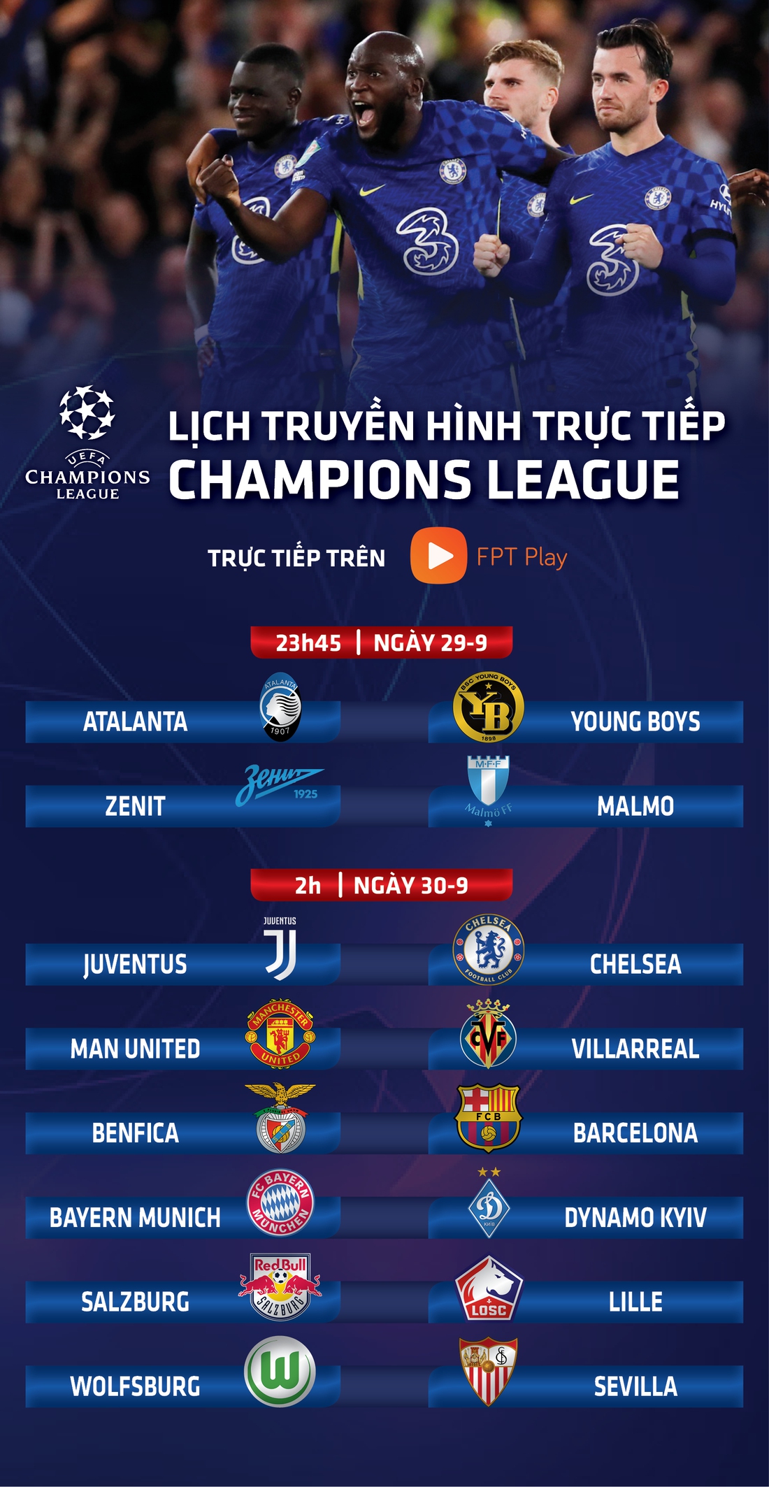 Lịch trực tiếp Champions League 30-9: Nóng bỏng 2 trận Juventus - Chelsea, Man United - Villarreal - Ảnh 1.