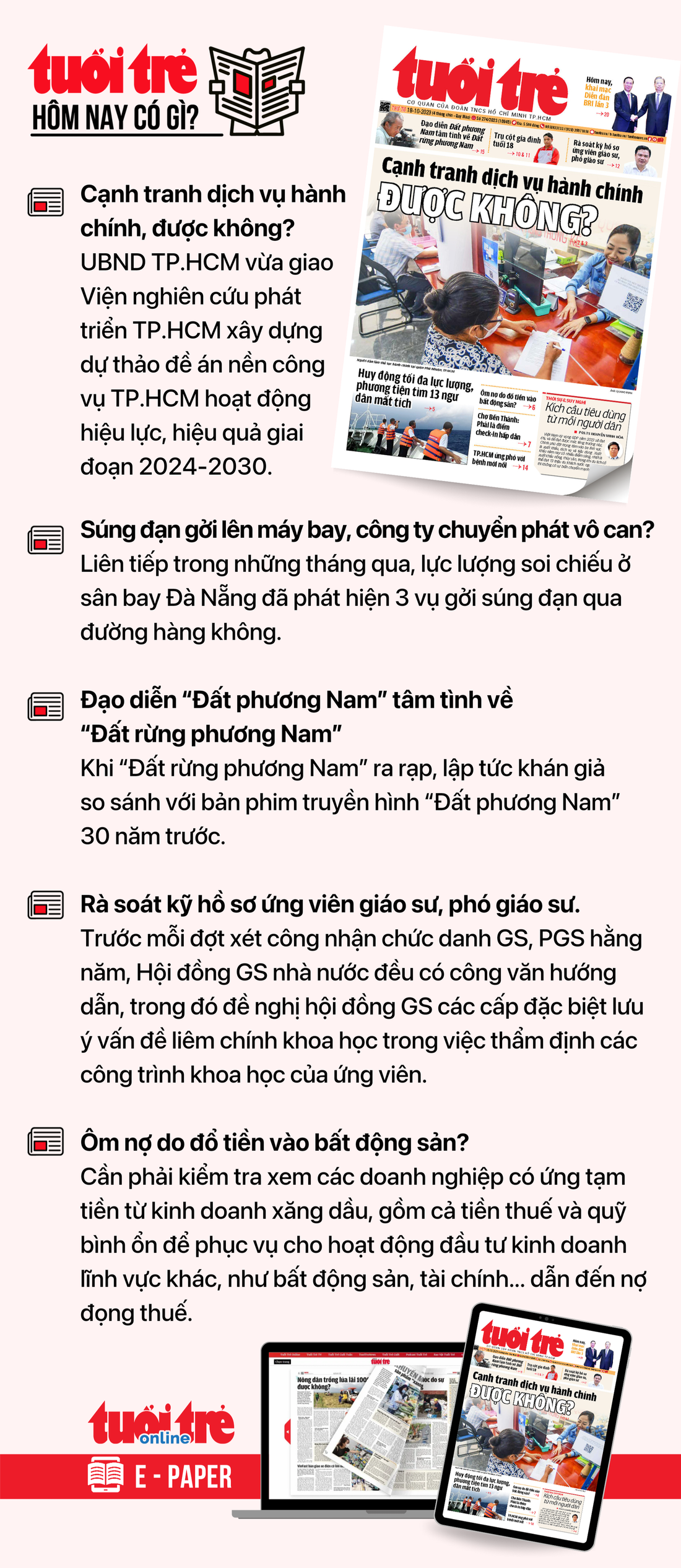 Tin tức chính trên Tuổi Trẻ nhật báo hôm nay 18-10. Để đọc Tuổi Trẻ báo in phiên bản E-paper, mời bạn đăng ký Tuổi Trẻ Sao TẠI ĐÂY