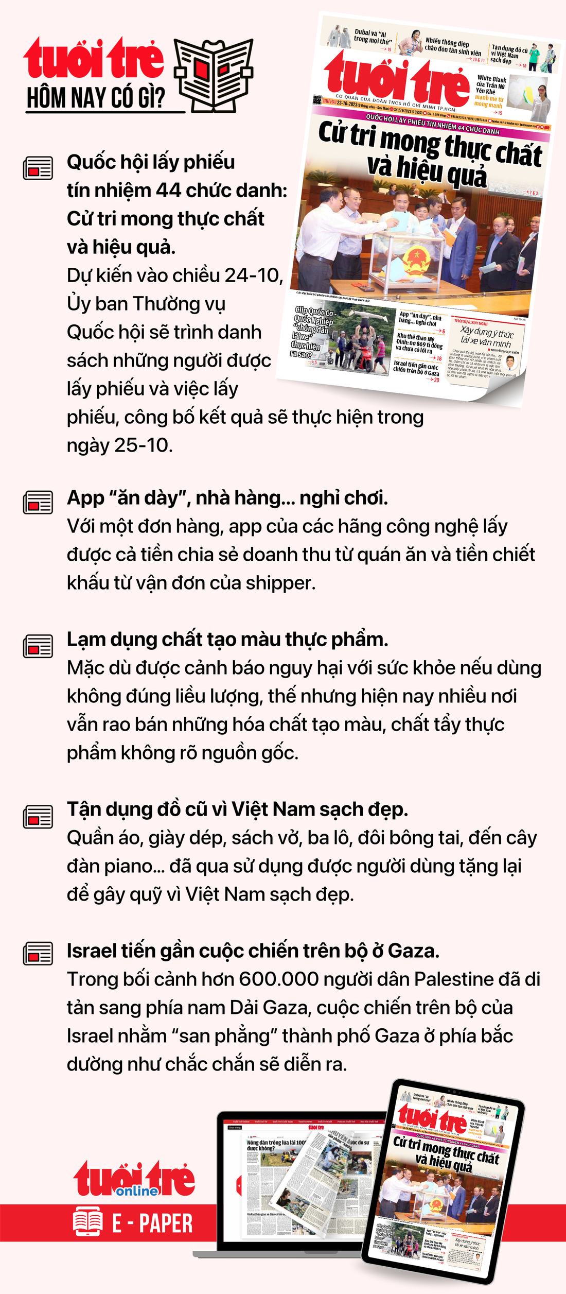 Tin tức chính trên Tuổi Trẻ nhật báo hôm nay 23-10. Để đọc Tuổi Trẻ báo in phiên bản E-paper, mời bạn đăng ký Tuổi Trẻ Sao TẠI ĐÂY