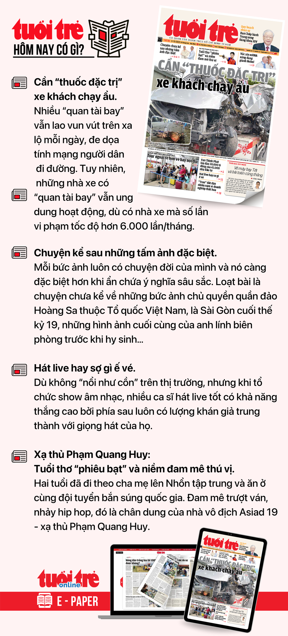 Tin tức chính trên Tuổi Trẻ nhật báo hôm nay 3-10. Để đọc Tuổi Trẻ báo in phiên bản E-paper, mời bạn đăng ký Tuổi Trẻ Sao TẠI ĐÂY